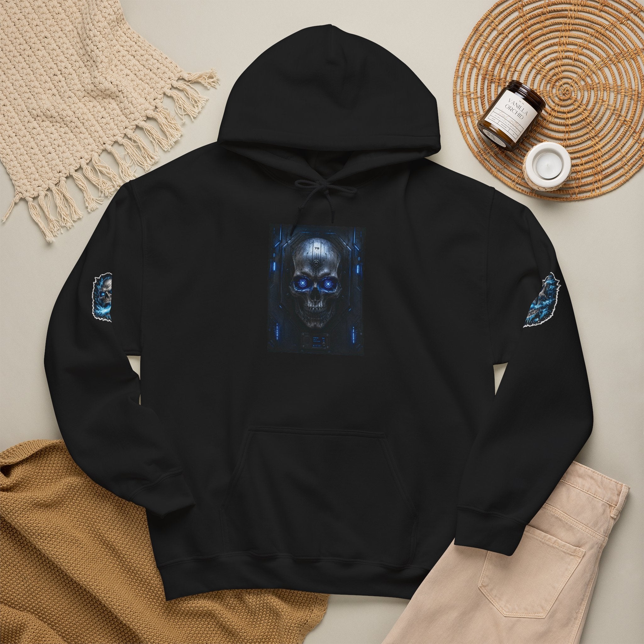 Premium Skull Hoodie — Blue Cyber Skull Graphic Pullover