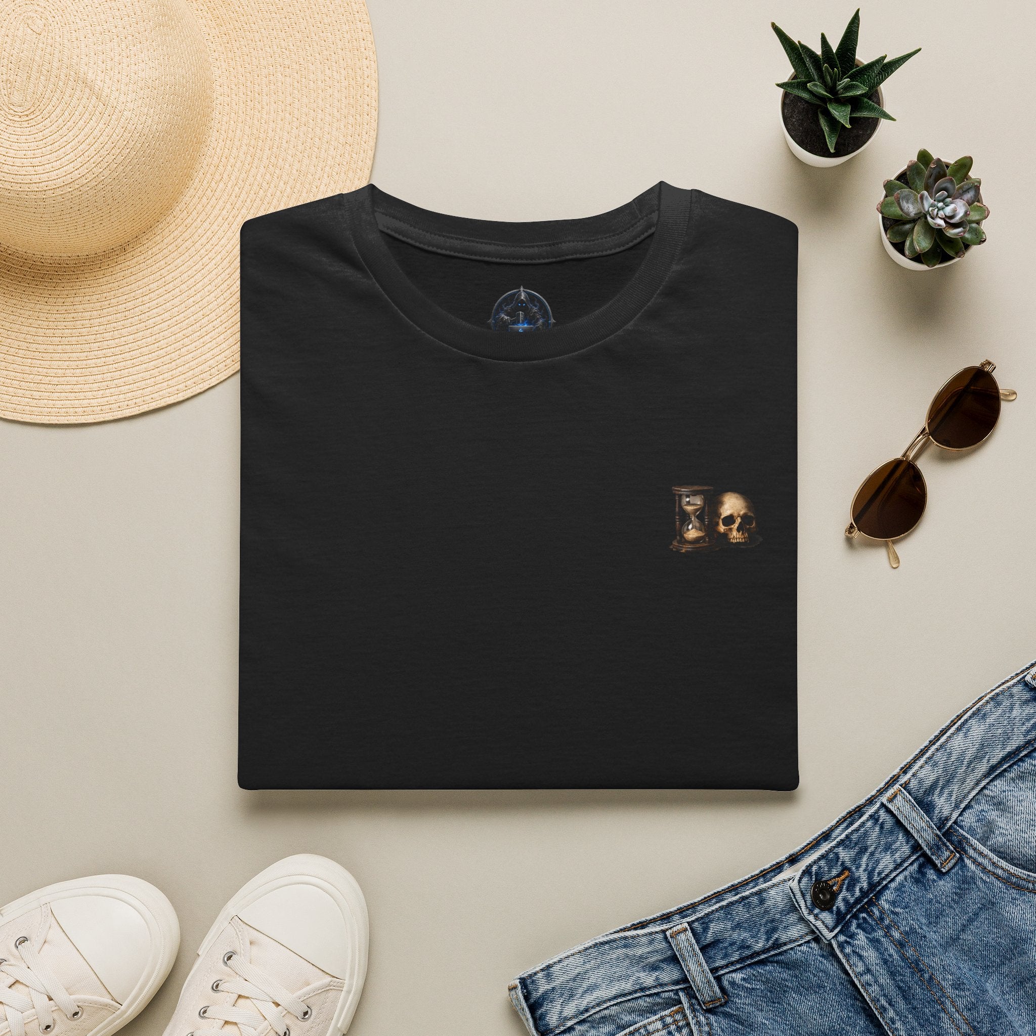 Premium Memento Mori T-Shirt — Skull & Hourglass Gothic Tee