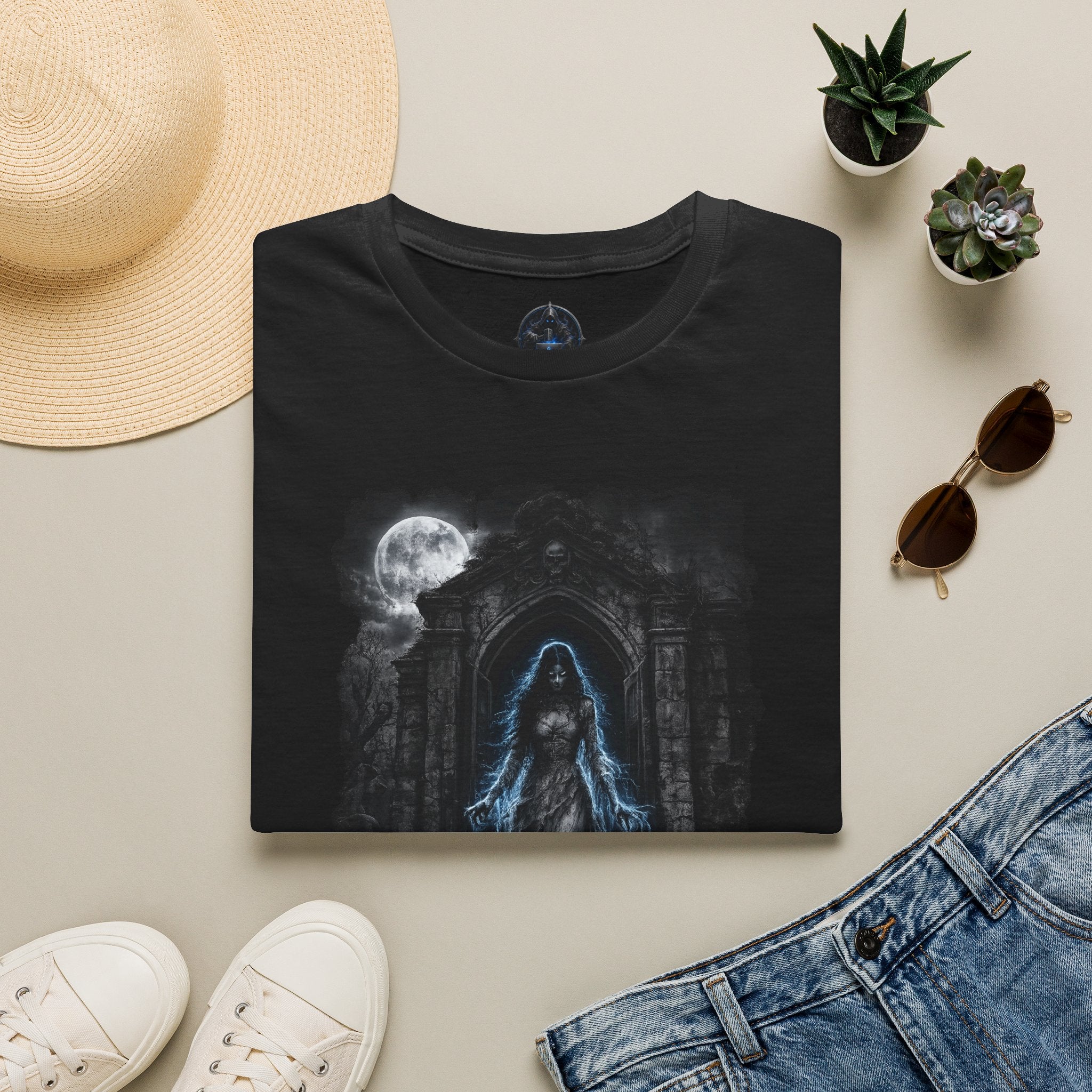 Gothic Moonlight Apparition T‑Shirt — Haunted Shrine Ghost Design