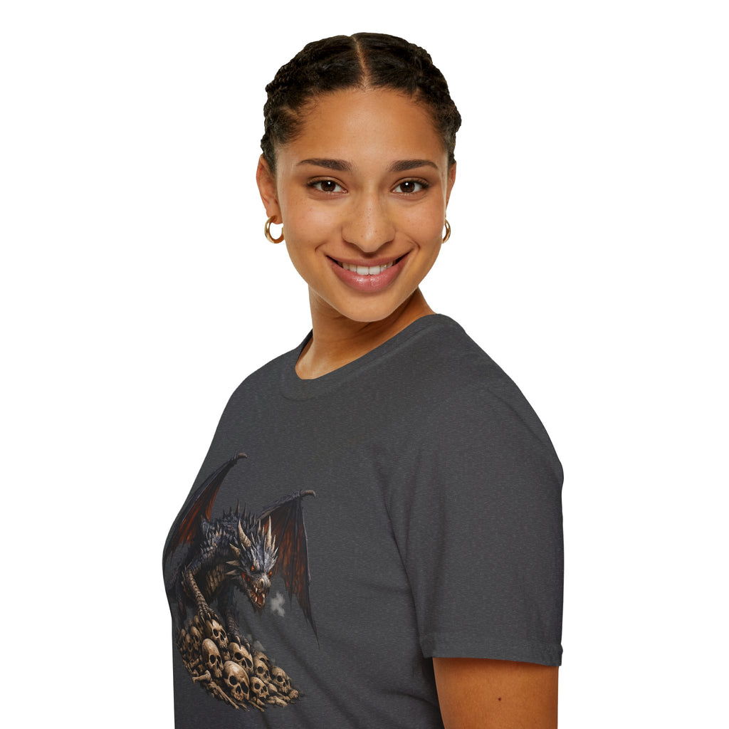 Dragon on Skull Pile Graphic T-Shirt — Dark Fantasy Winged Dragon Design