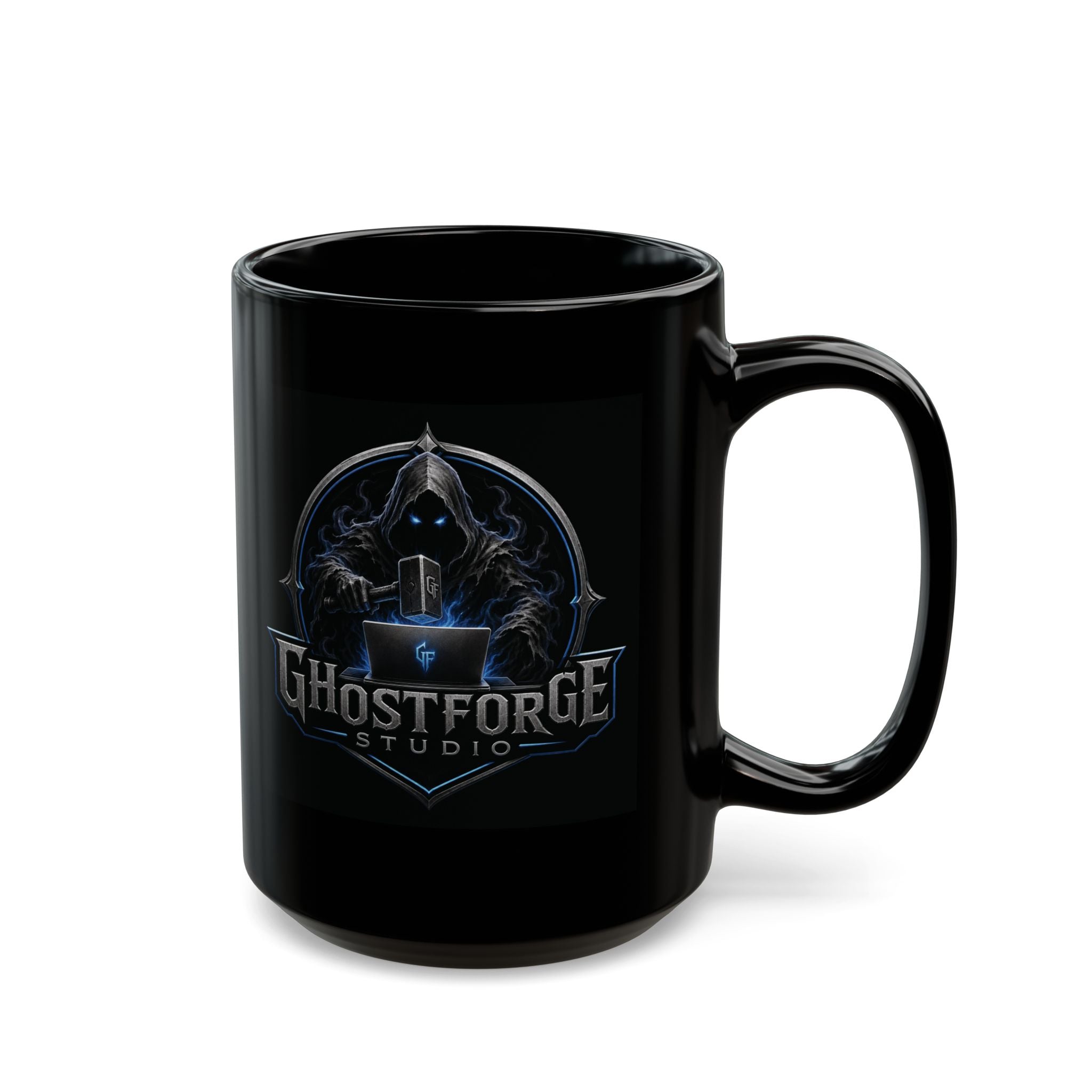 GhostForge Studio Black Mug – Dark Gamer Logo Coffee Cup (11oz/15oz)