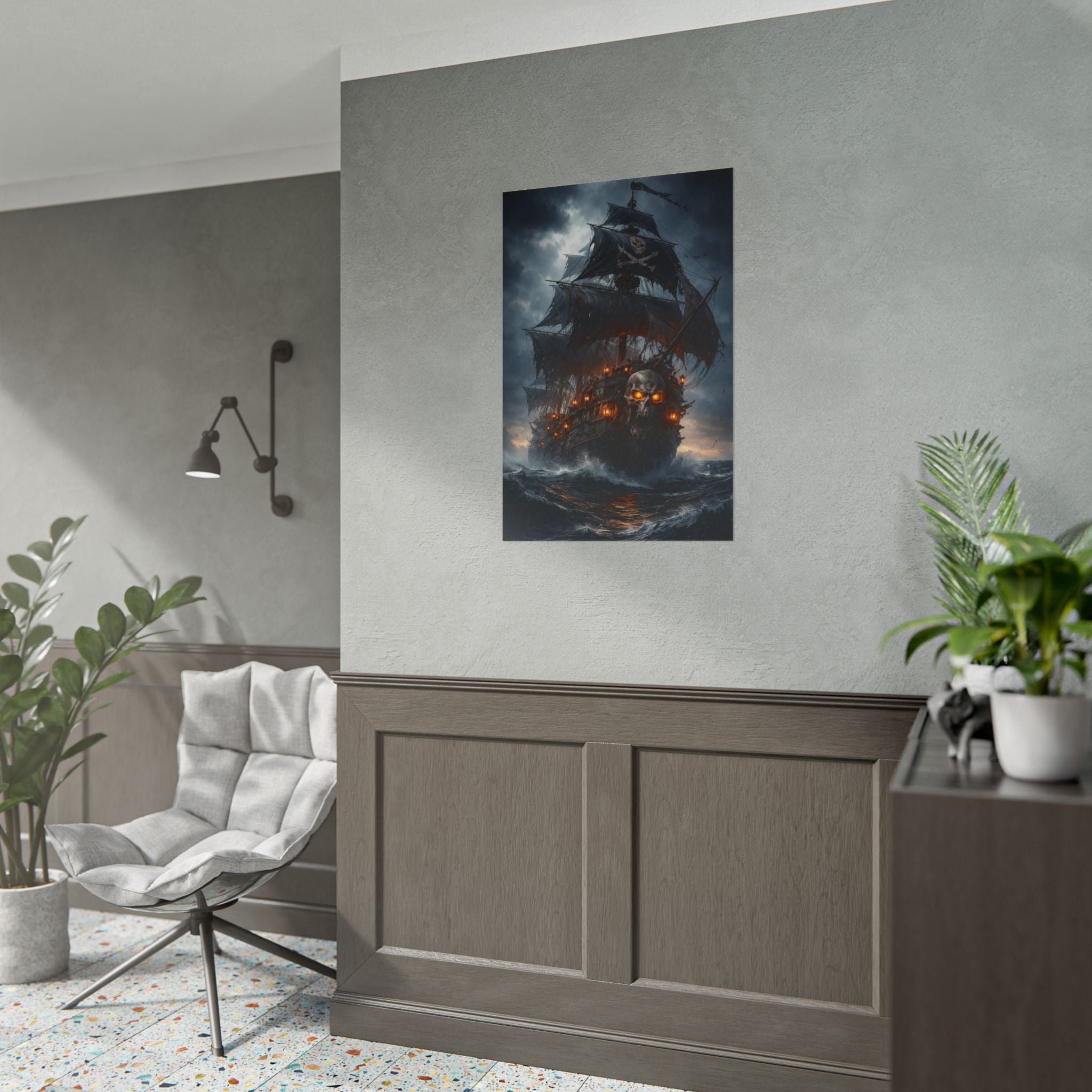 Haunted Pirate Ship Rolled Poster — Dark Skull Ghost Ship Wall Art