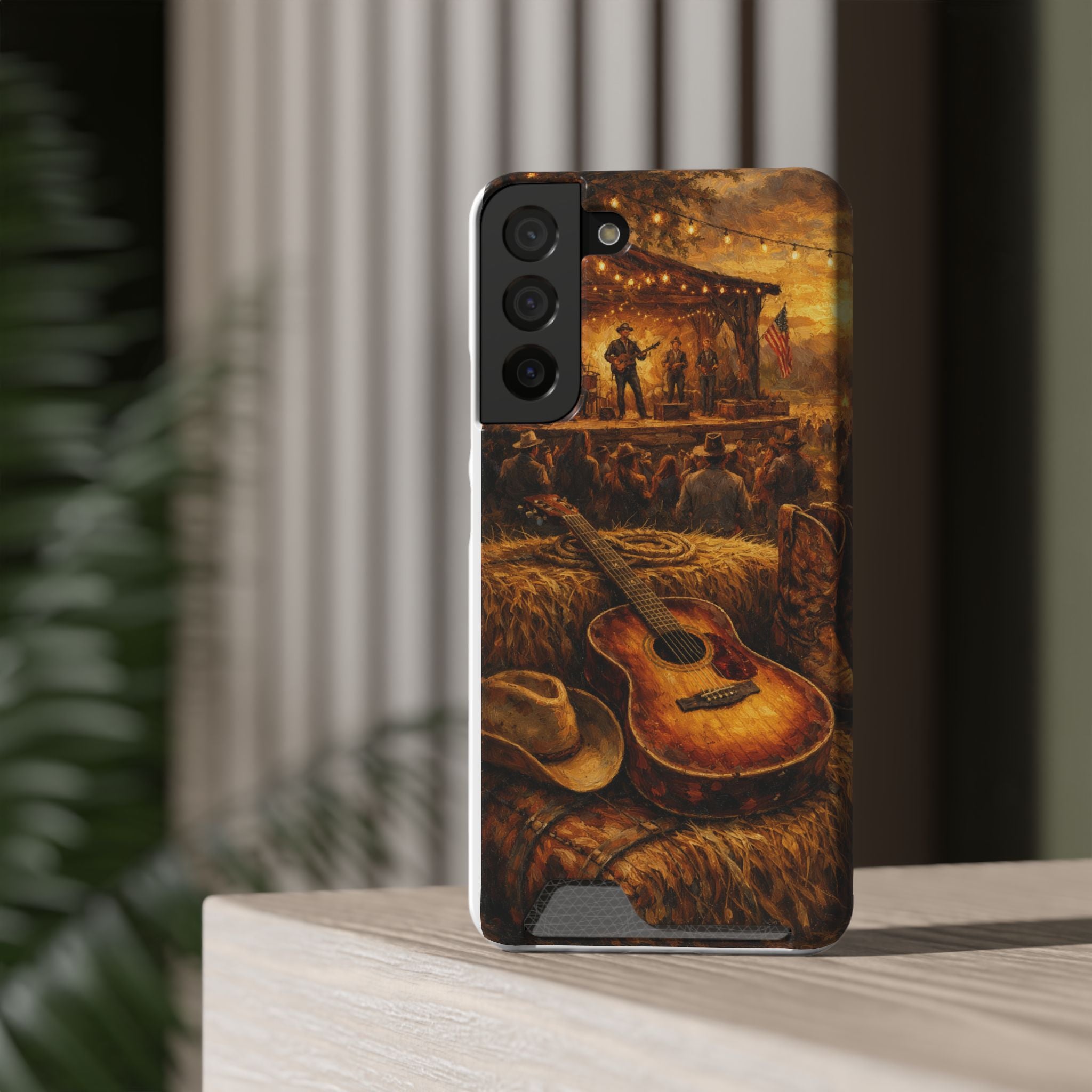 Country Music Guitar Phone Case with Card Holder — Rustic Concert Scene