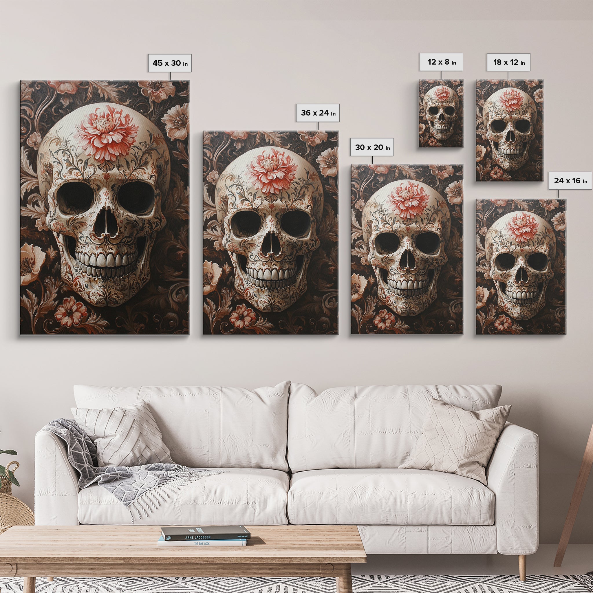 Skull Art Framed Canvas Print with Floral Botanical Prints in Gothic Chinoiserie Style, Perfect Halloween Rustic Wall Art Decoration