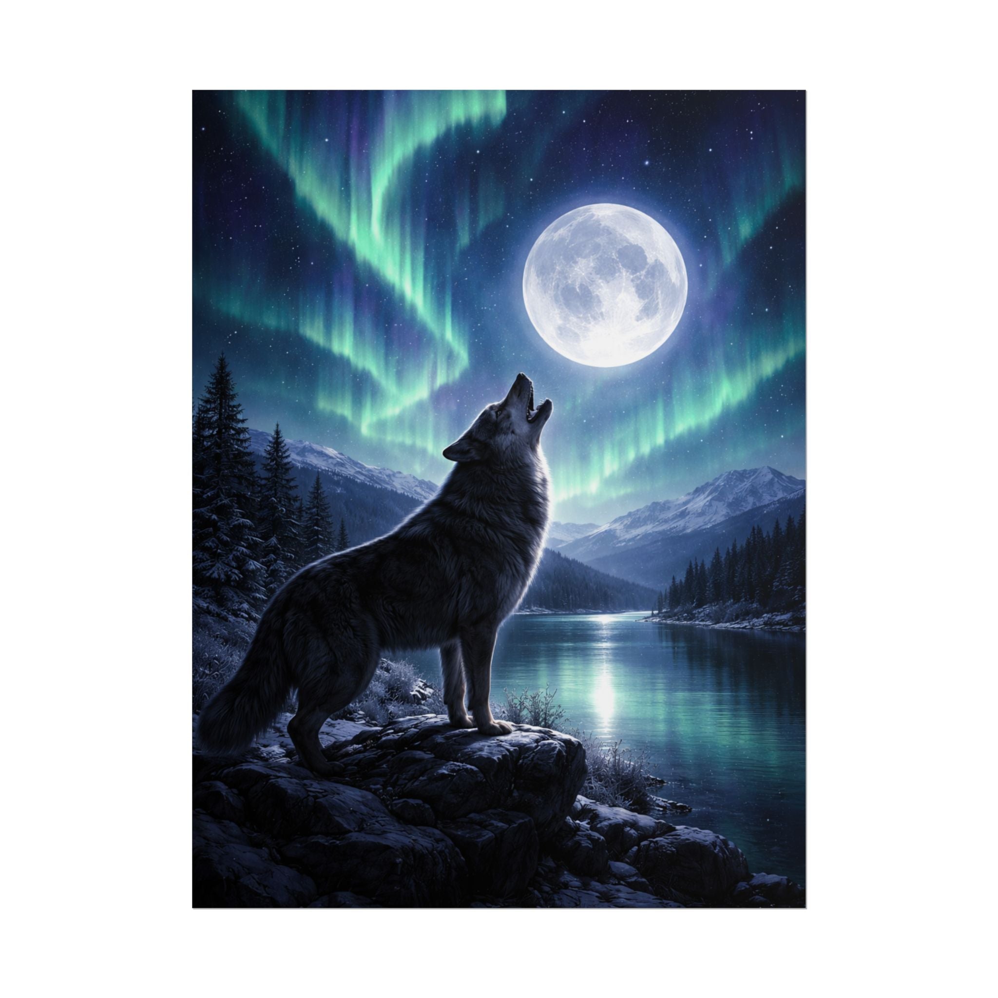 Wolf Howl Moon Poster – Northern Lights Landscape Wall Art