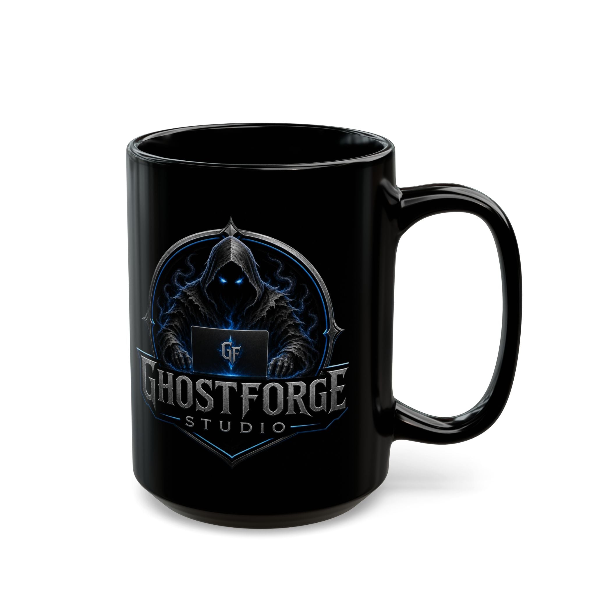 GhostForge Studio Logo Black Mug — Gaming Raven Hooded Emblem Coffee Cup (11oz/15oz)