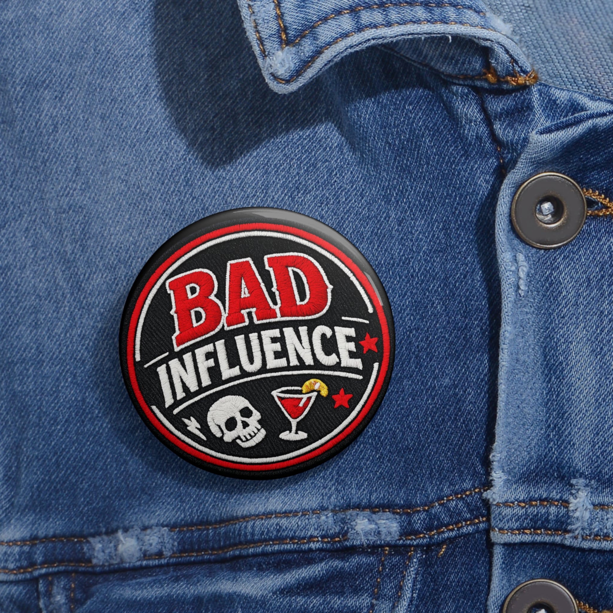 Bad Influence Pin Button — Funny Skull & Cocktail Enamel Jacket Badge
