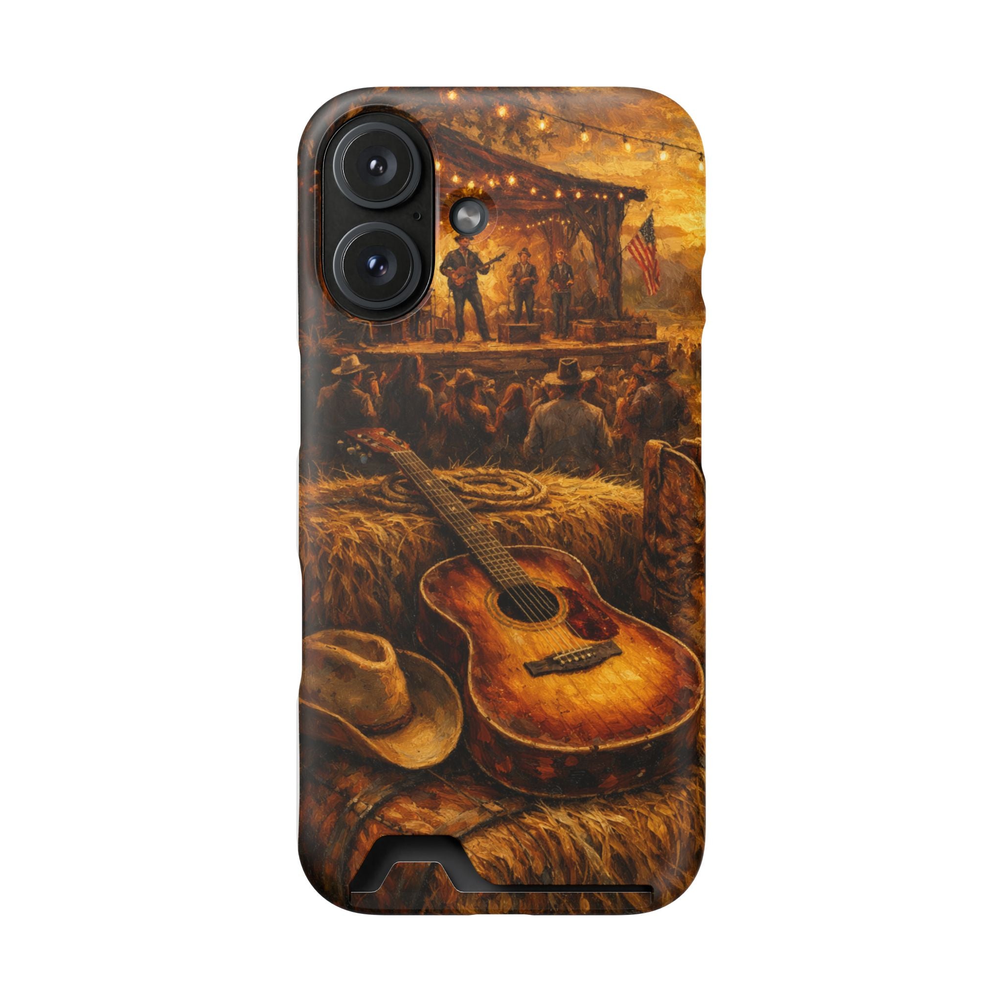 Country Music Guitar Phone Case with Card Holder — Rustic Concert Scene