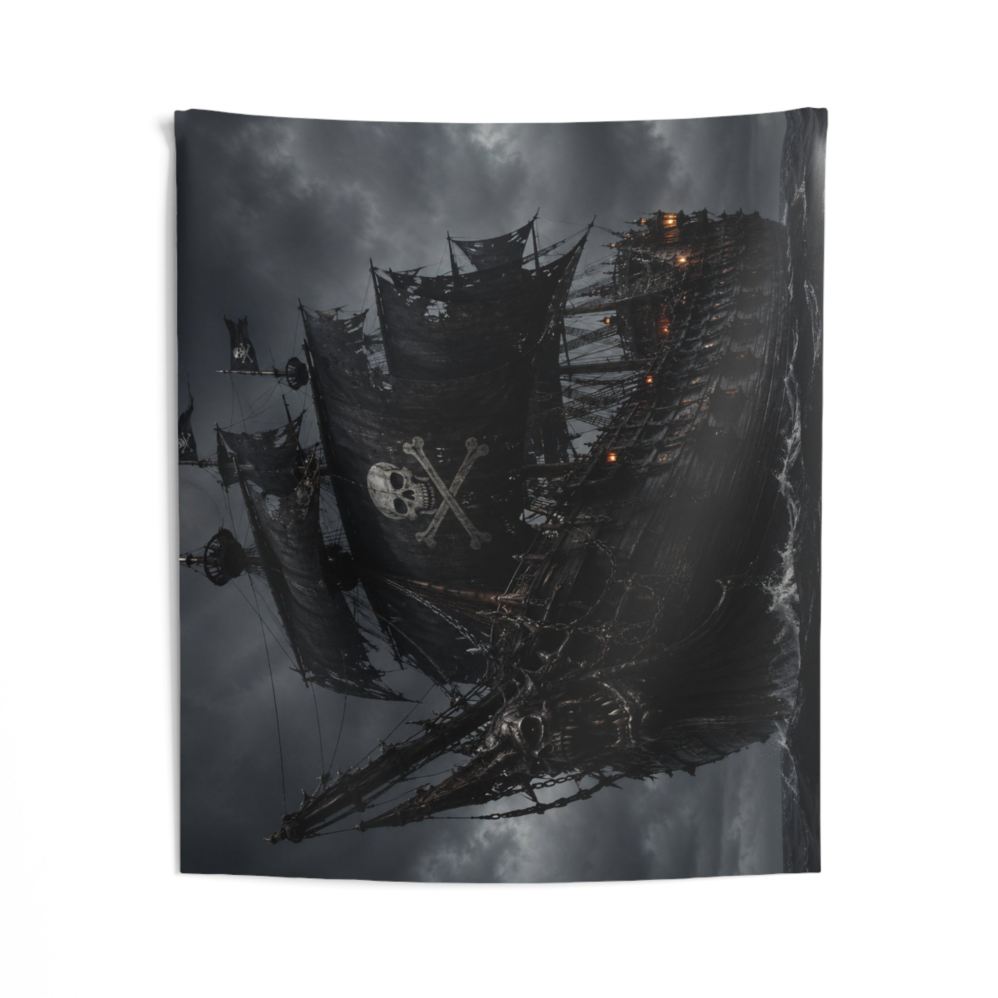 Pirate Ghost Ship Wall Tapestry — Dark Skull & Crossbones Nautical Decor