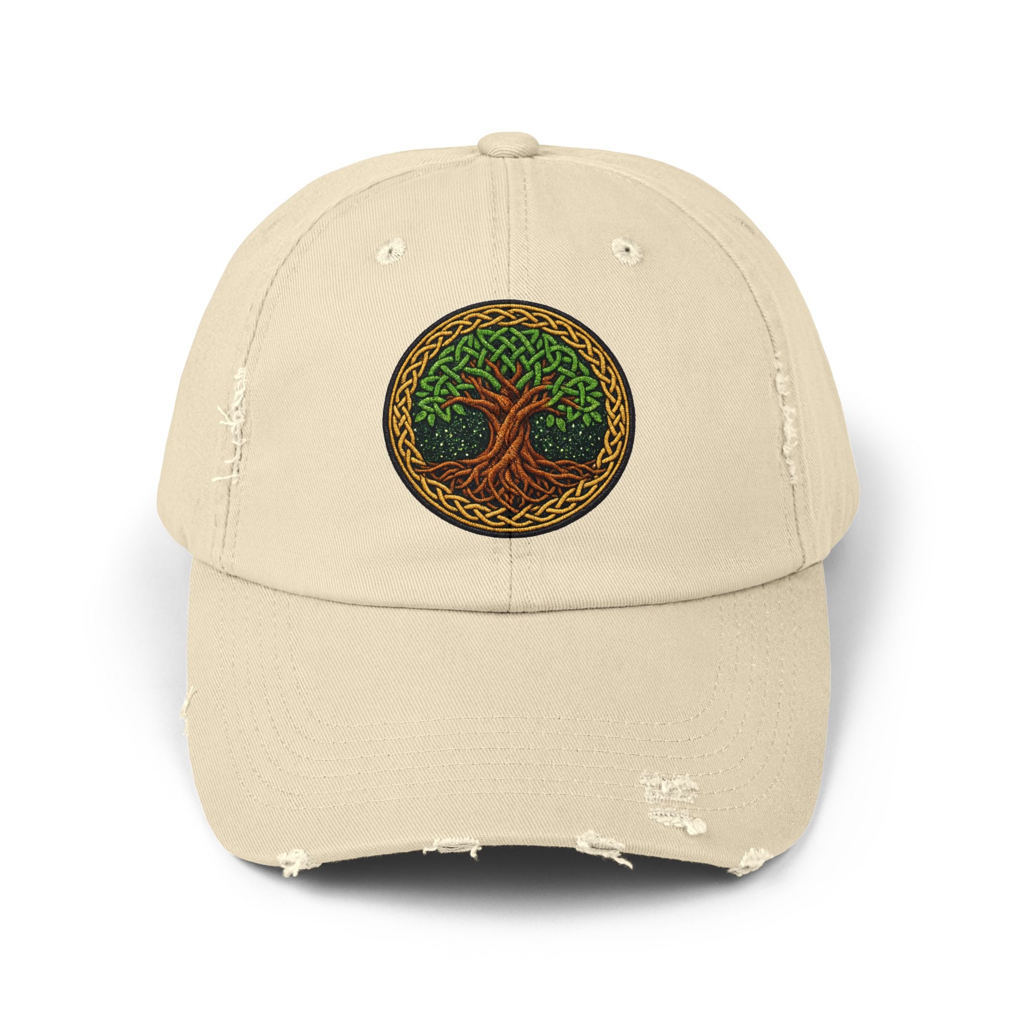 Distressed Baseball Cap — Celtic Tree of Life Faux-Embroidered Adjustable Hat