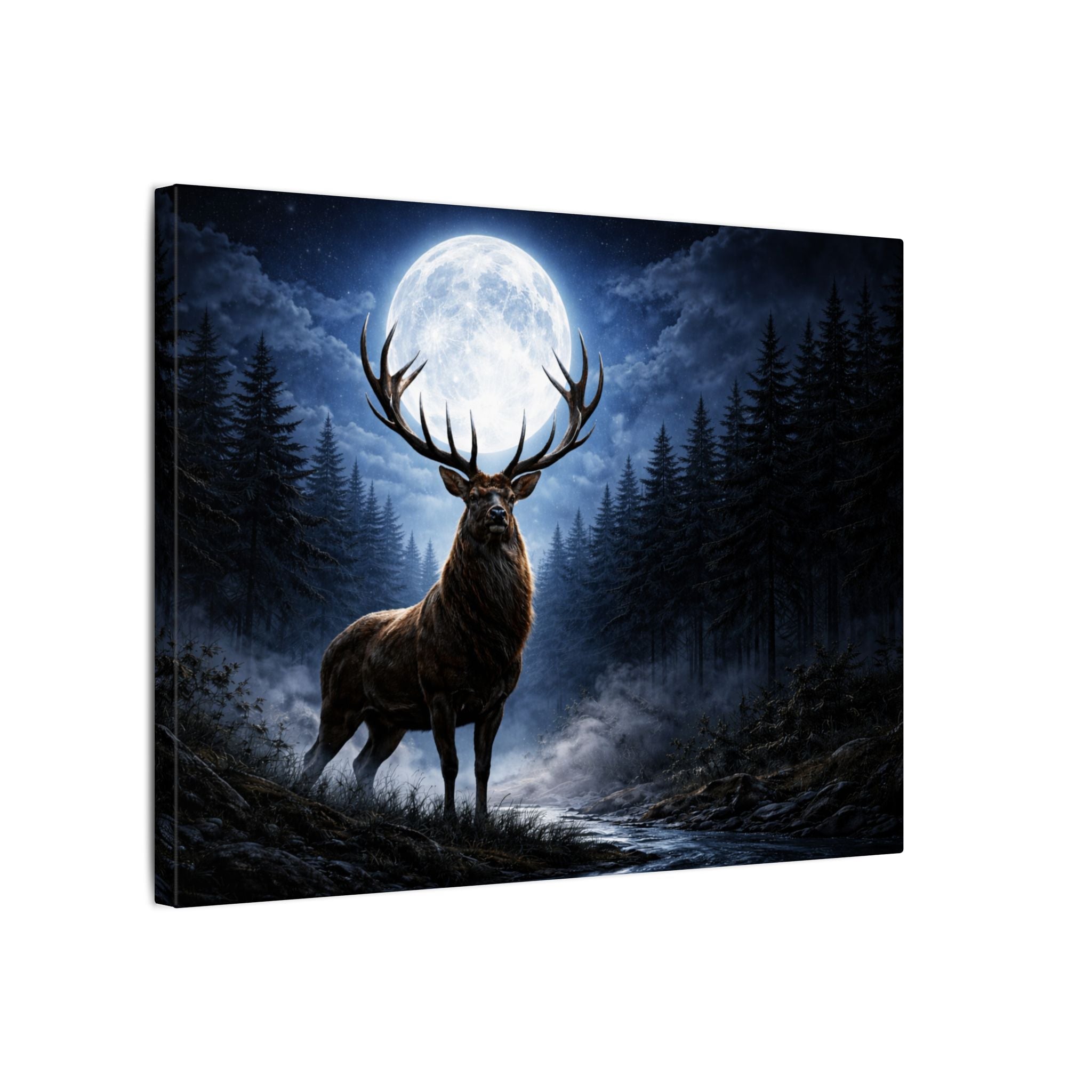 Moonlit Stag Canvas Wall Art — Majestic Deer in Forest Night Scene