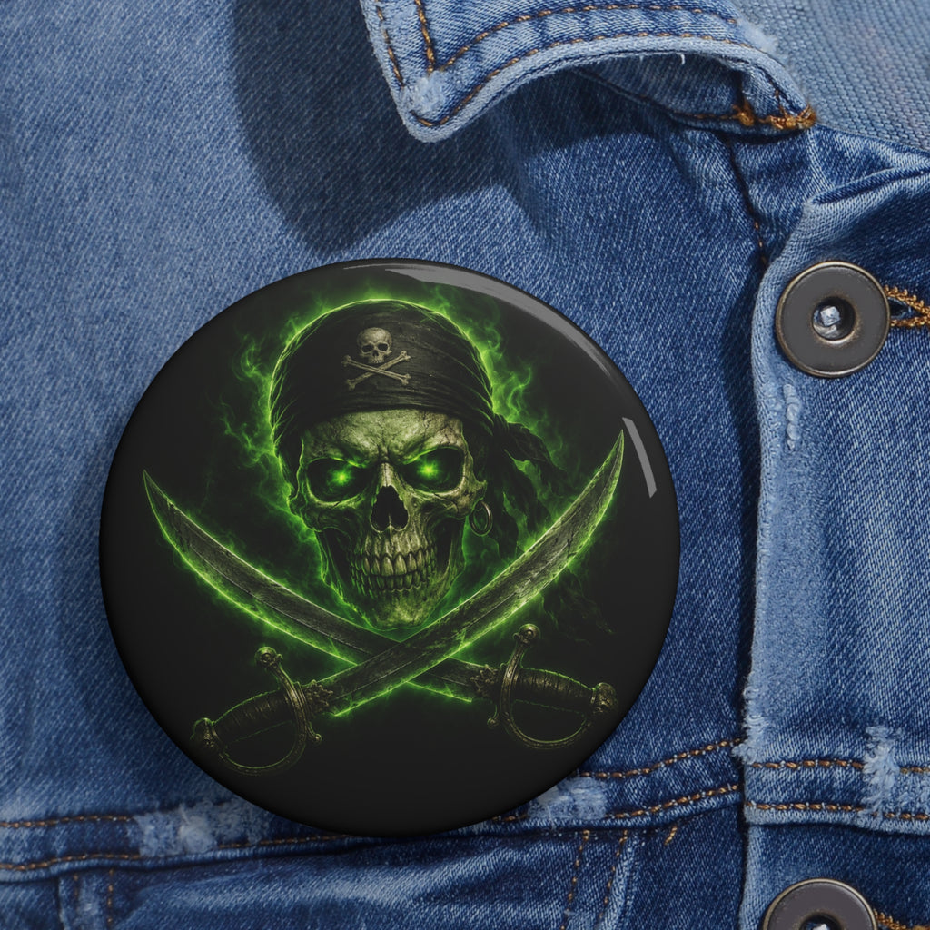 Pirate Skull Pin Button — Green Glow Crossed Swords Badge