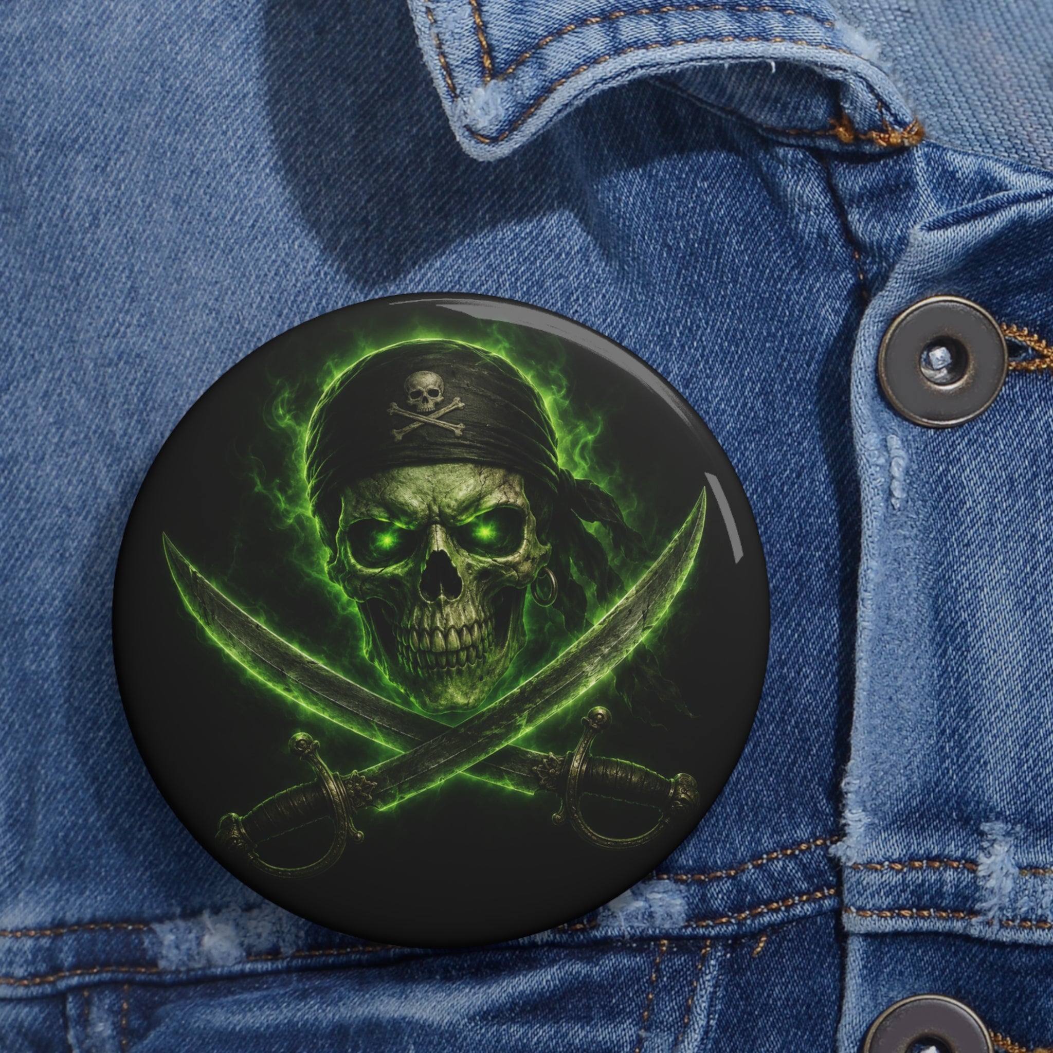 Pirate Skull Pin Button — Green Glow Crossed Swords Badge