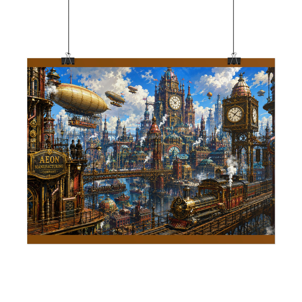 Steampunk Cityscape Poster — Vintage Airships & Clocktower Rolled Art Print