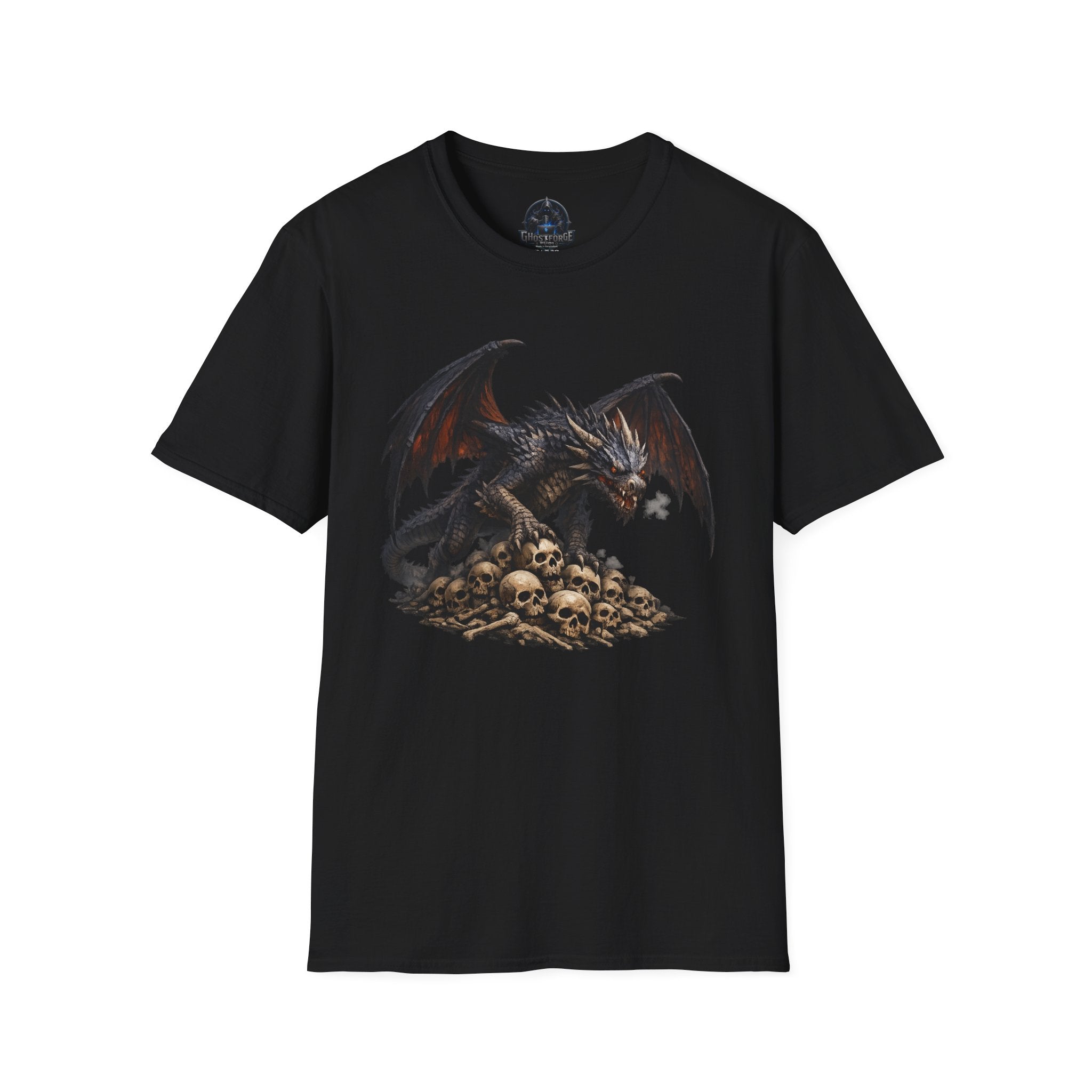 Dragon on Skull Pile Graphic T-Shirt — Dark Fantasy Winged Dragon Design