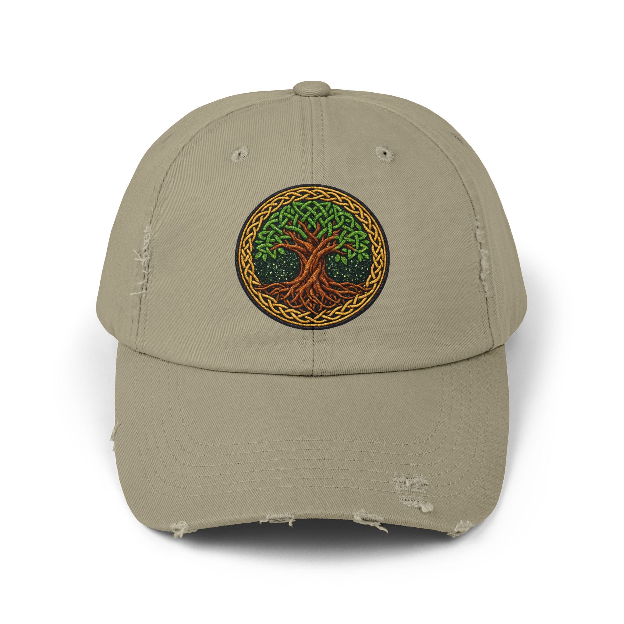 Distressed Baseball Cap — Celtic Tree of Life Faux-Embroidered Adjustable Hat