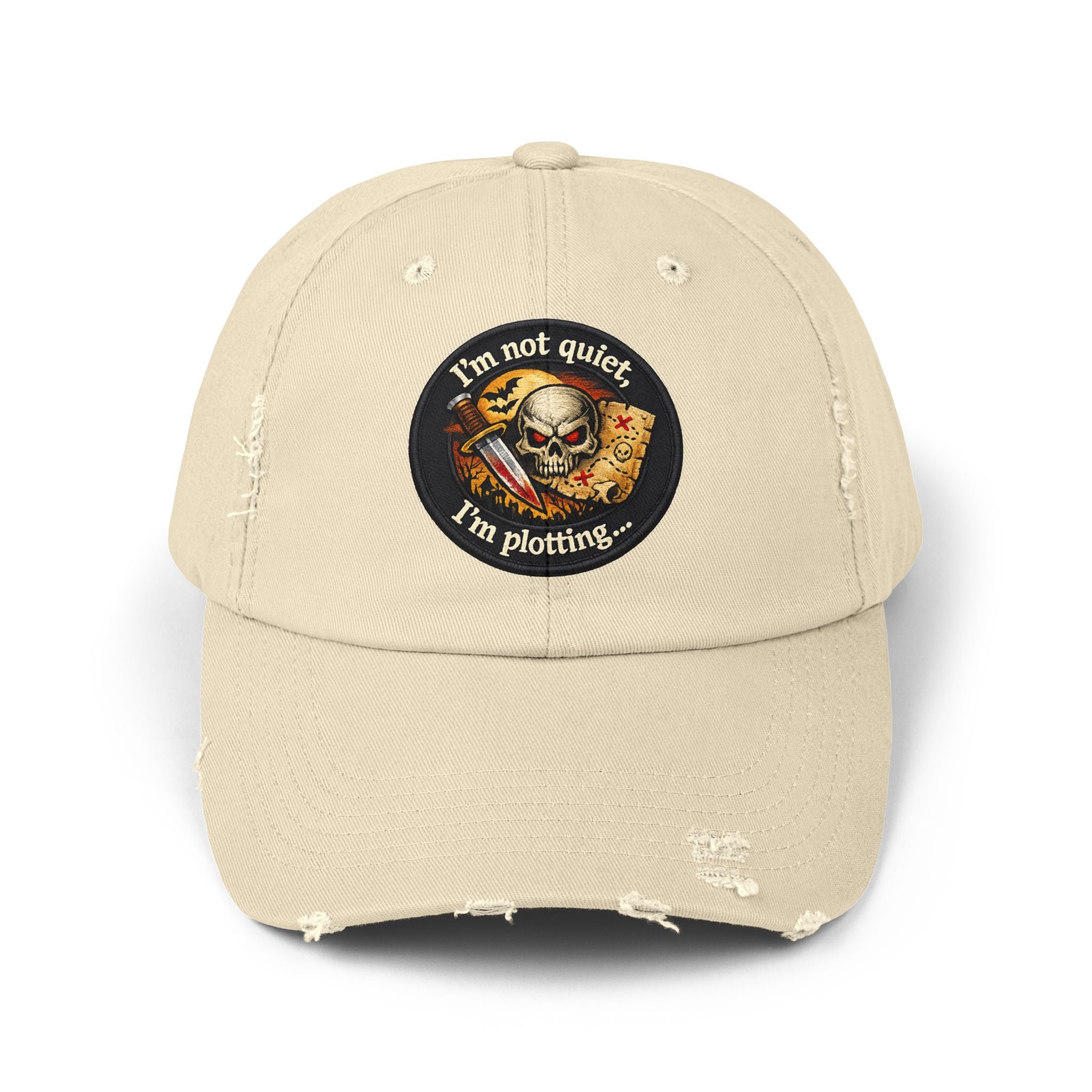 Skull & Map Distressed Cap – "I'm Not Quiet, I'm Plotting" Hat