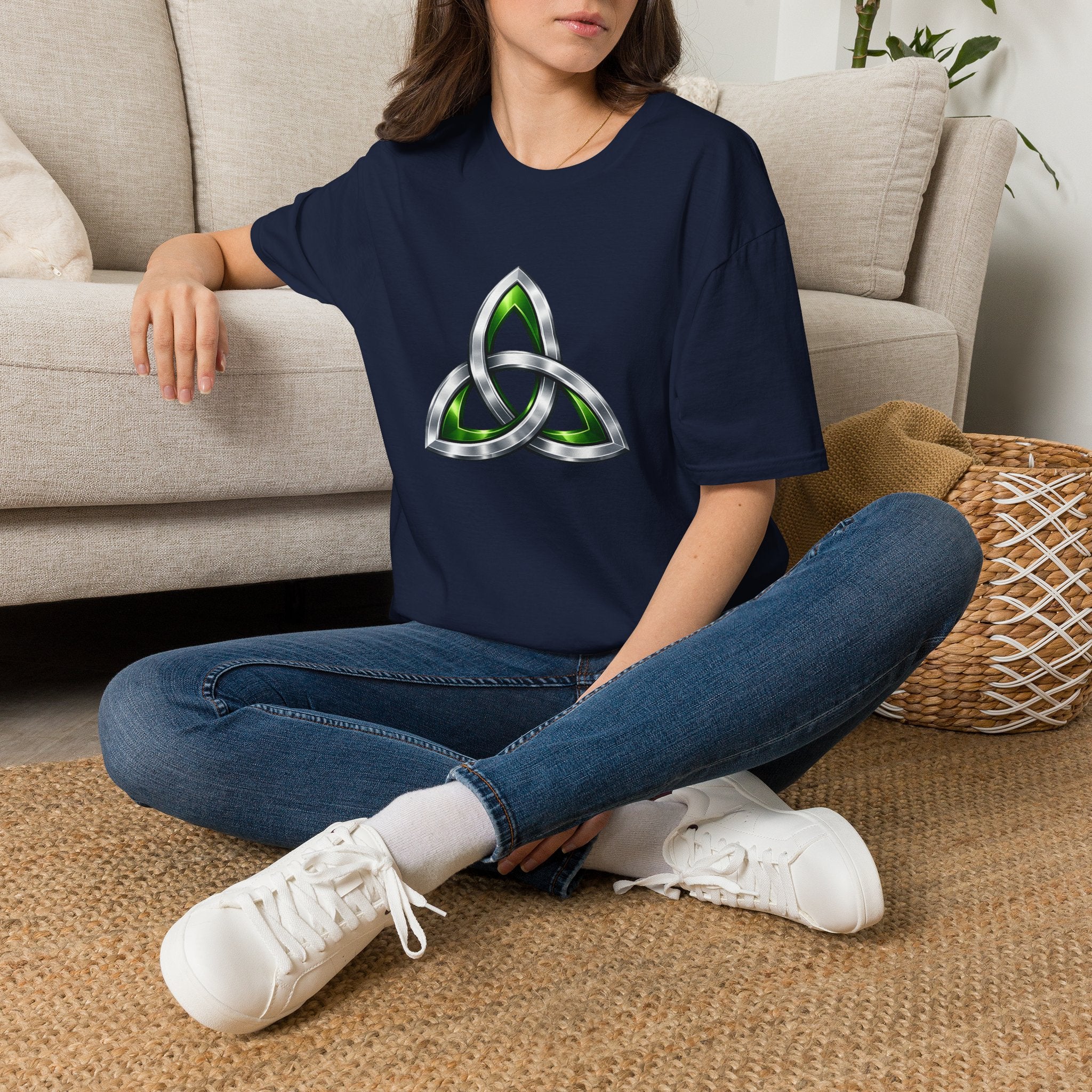 Celtic Trinity Knot T-Shirt — Metallic Green Triquetra Design