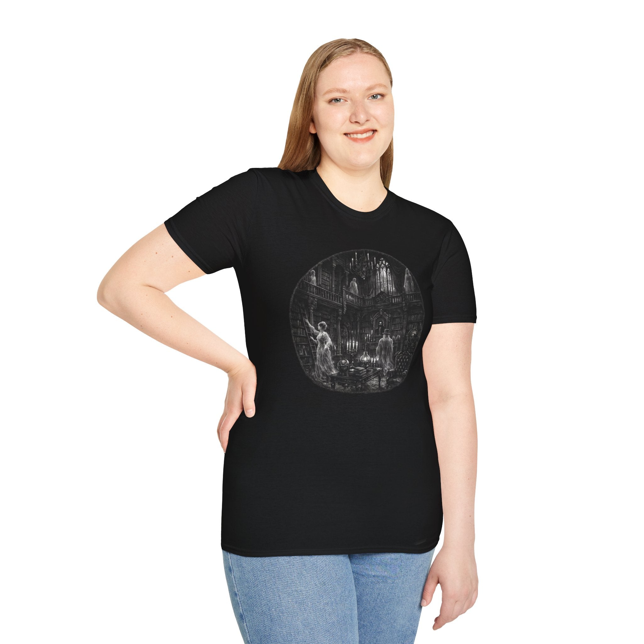 Gothic Haunted Library Scene T-Shirt — Haunted Library Art Tee