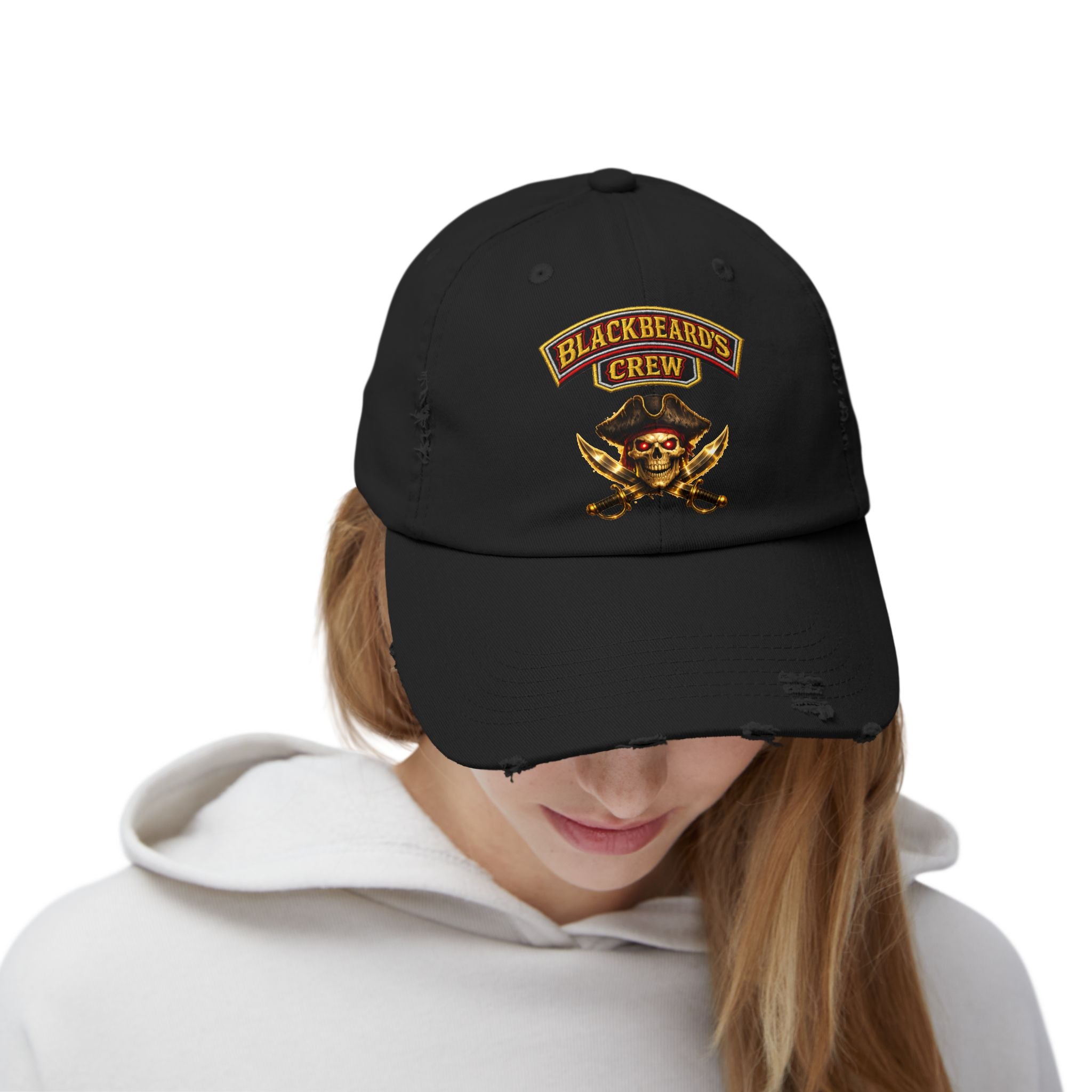 Blackbeard's Crew Distressed Baseball Cap — Pirate Skull Patch Hat