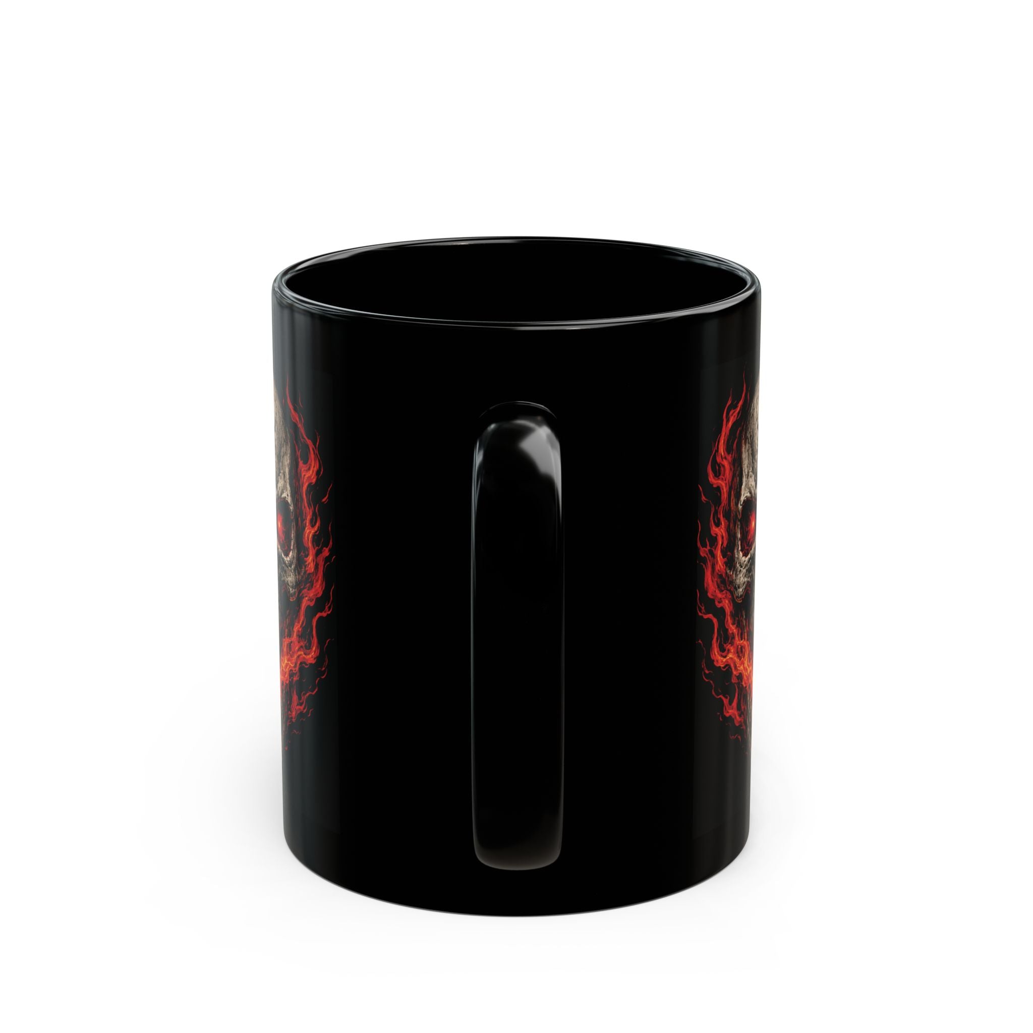 Flaming Skull Black Mug — Horror Skull Coffee Cup with Fiery Eyes (11oz/15oz)