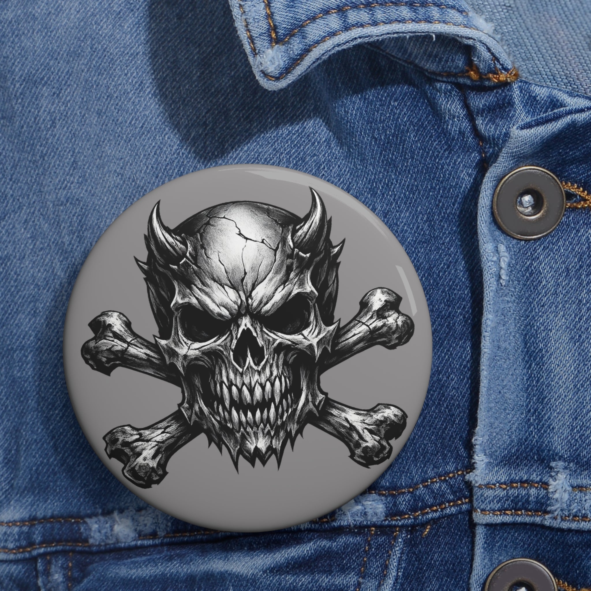 Evil Skull & Crossbones Pin Button — Gothic Metal Jacket Badge