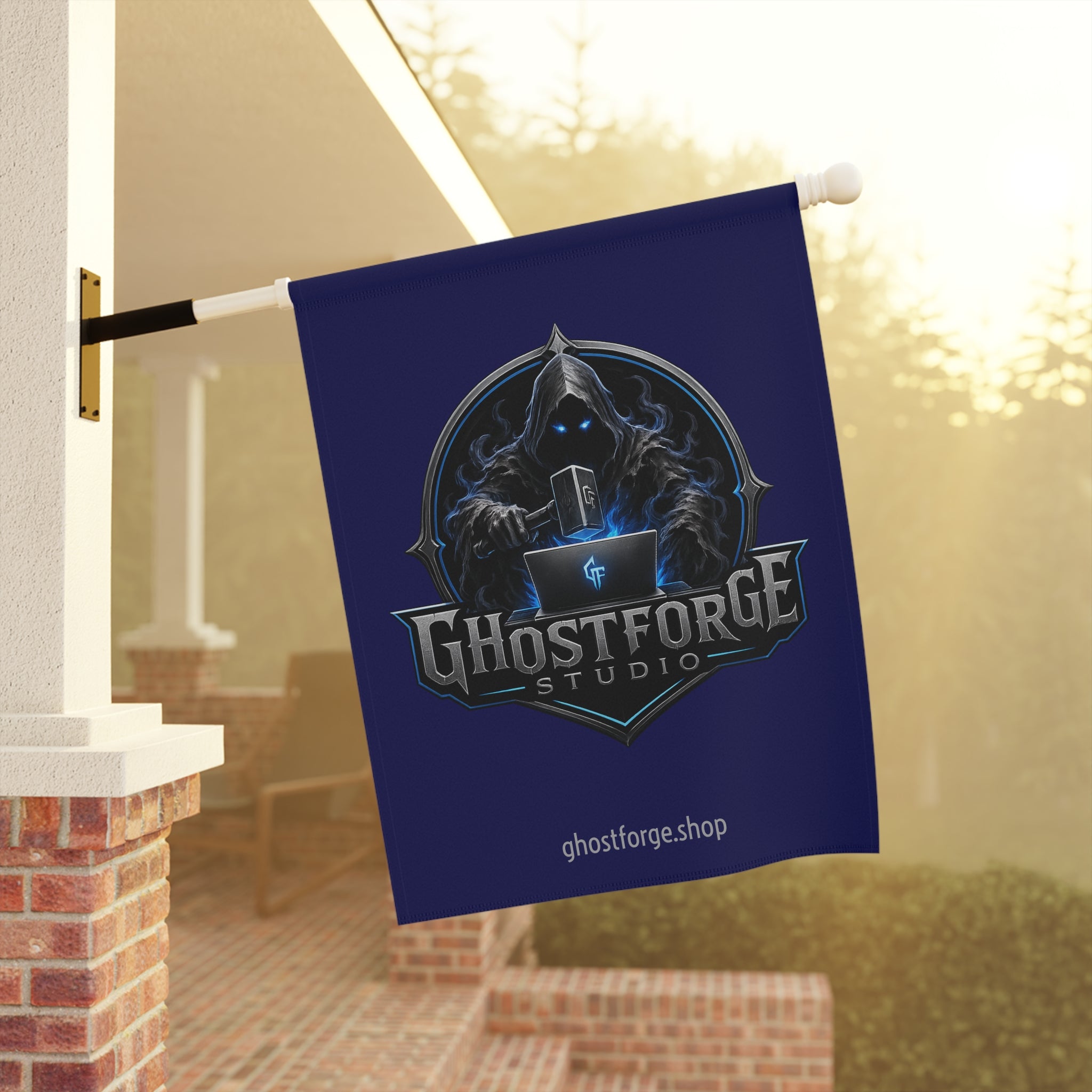 Ghostforge Studio Garden Flag — Dark Hooded Logo House Banner