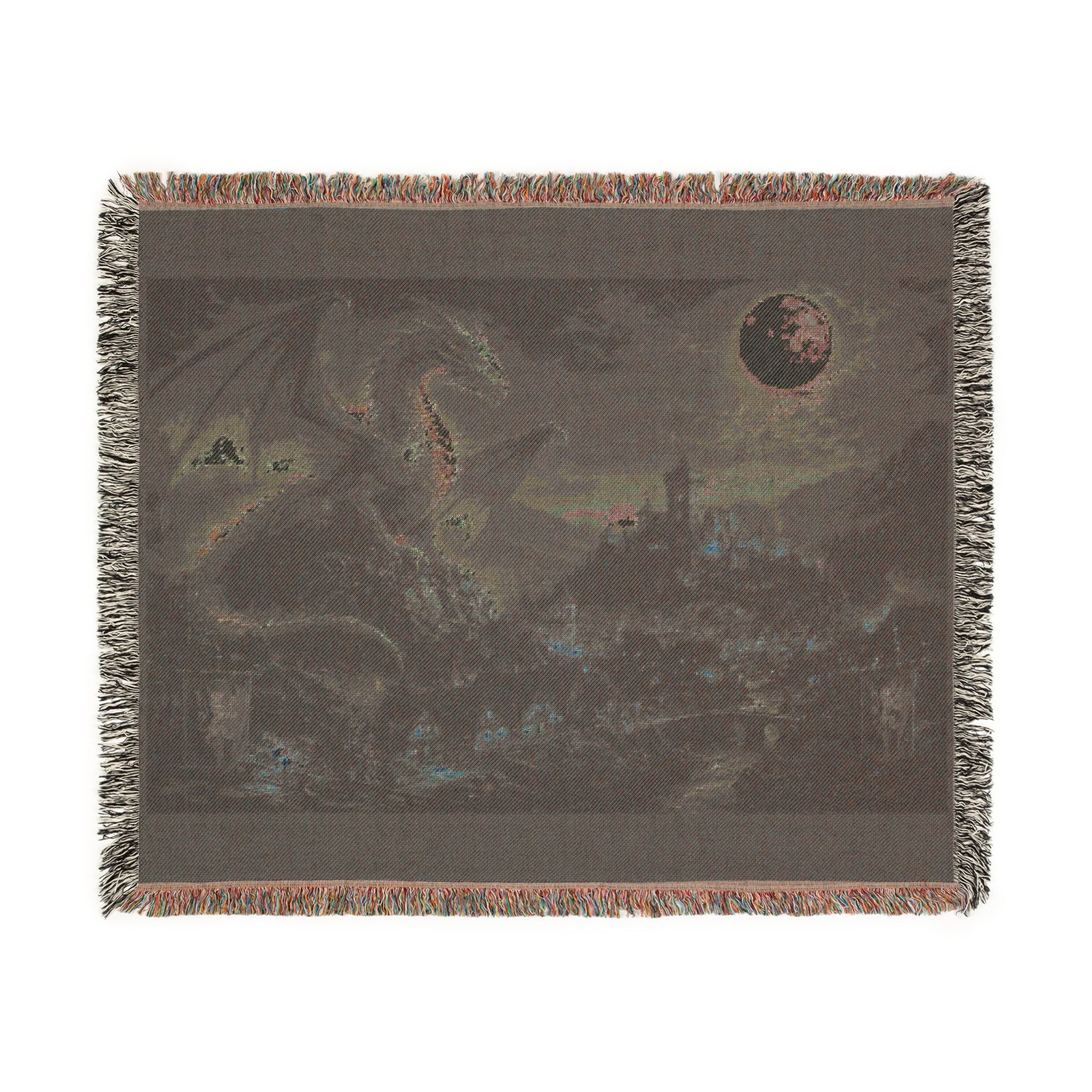 Dragon Night Woven Blanket — Mystical Moonlit Cityscape Throw