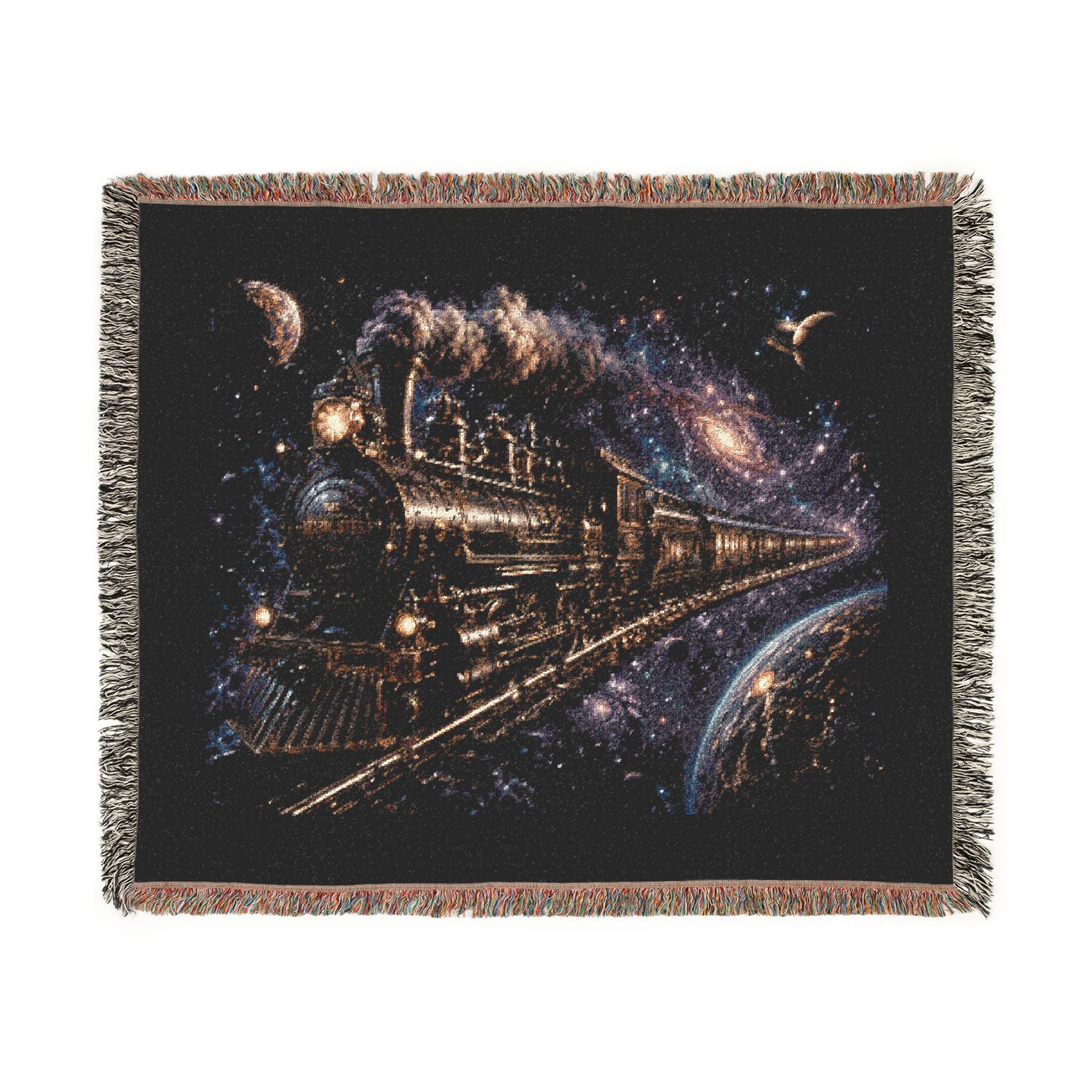 Galaxy Night Train Woven Blanket — Cosmic Steam Engine Throw
