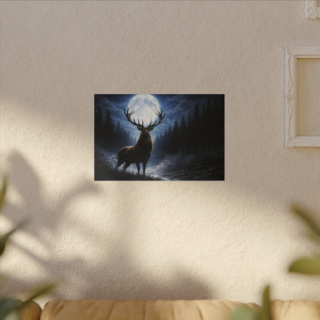 Moonlit Stag Canvas Wall Art — Majestic Deer in Forest Night Scene