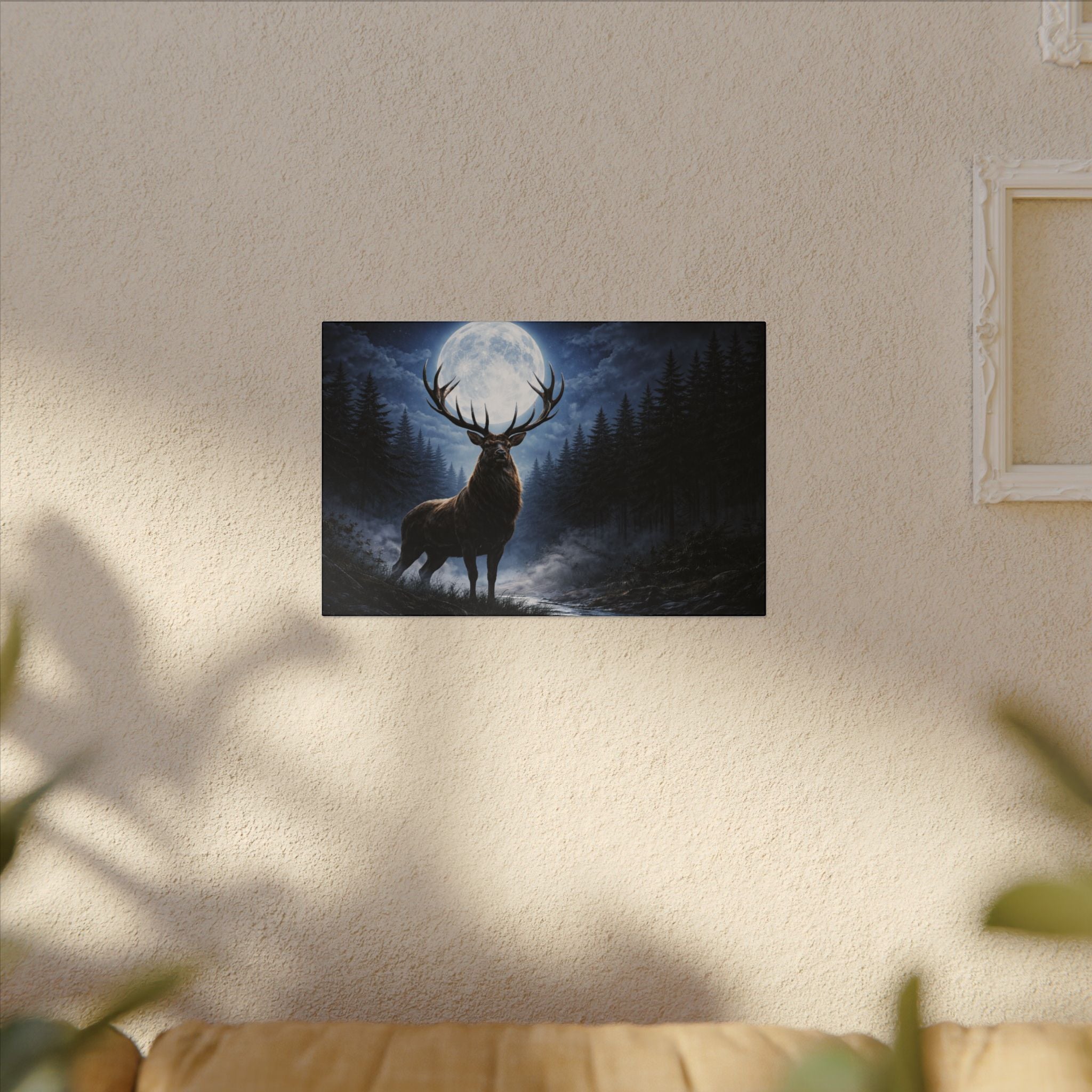 Moonlit Stag Canvas Wall Art — Majestic Deer in Forest Night Scene