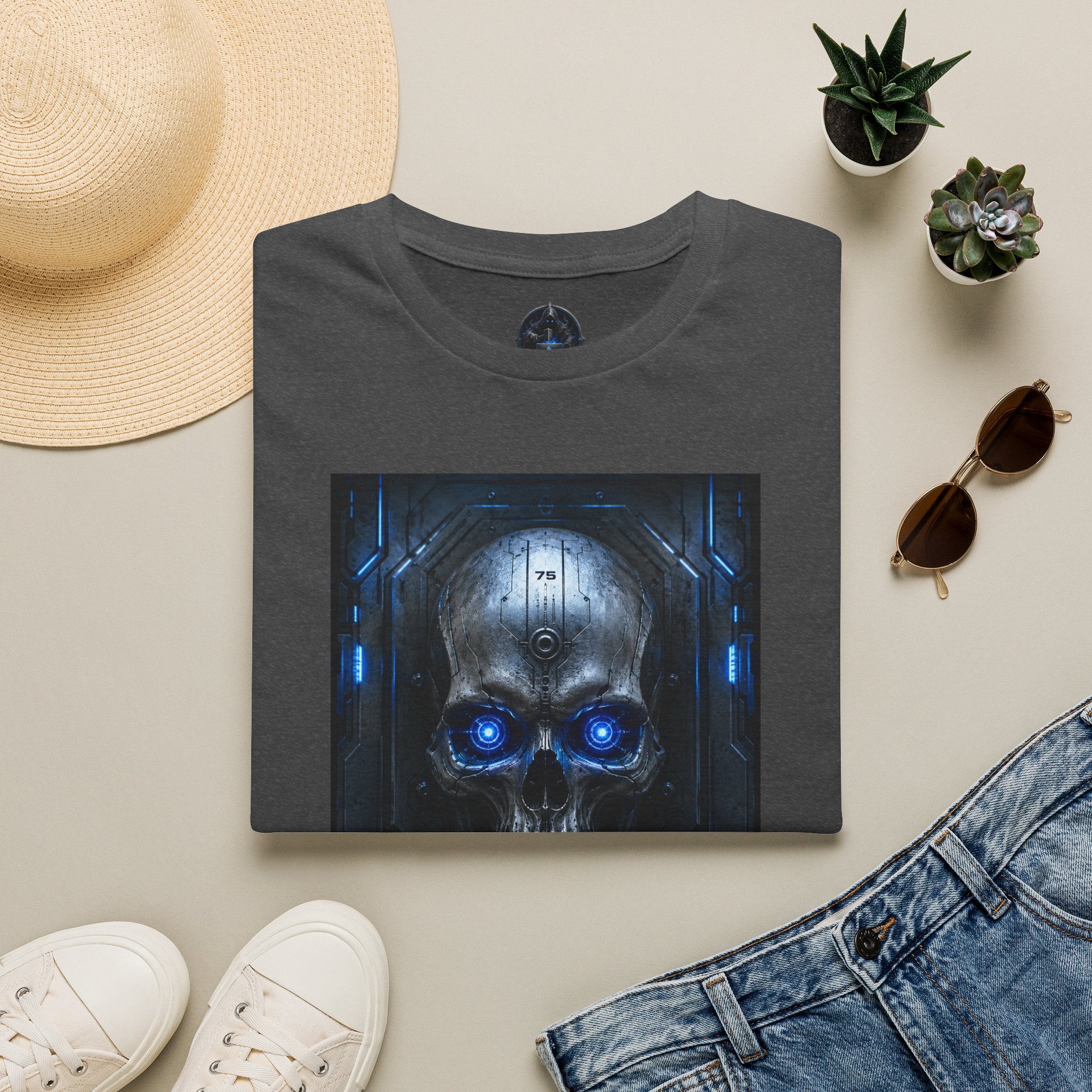 Skull Cyberpunk T-Shirt — Blue Glowing Skull Sci‑Fi Graphic Tee