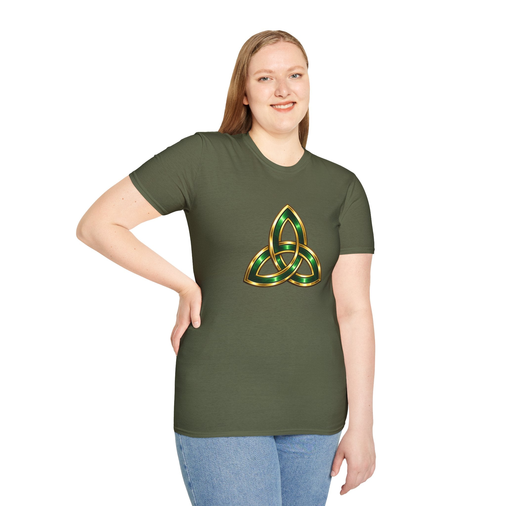 Celtic Trinity Knot T-Shirt — Gold & Emerald Irish Triquetra Design