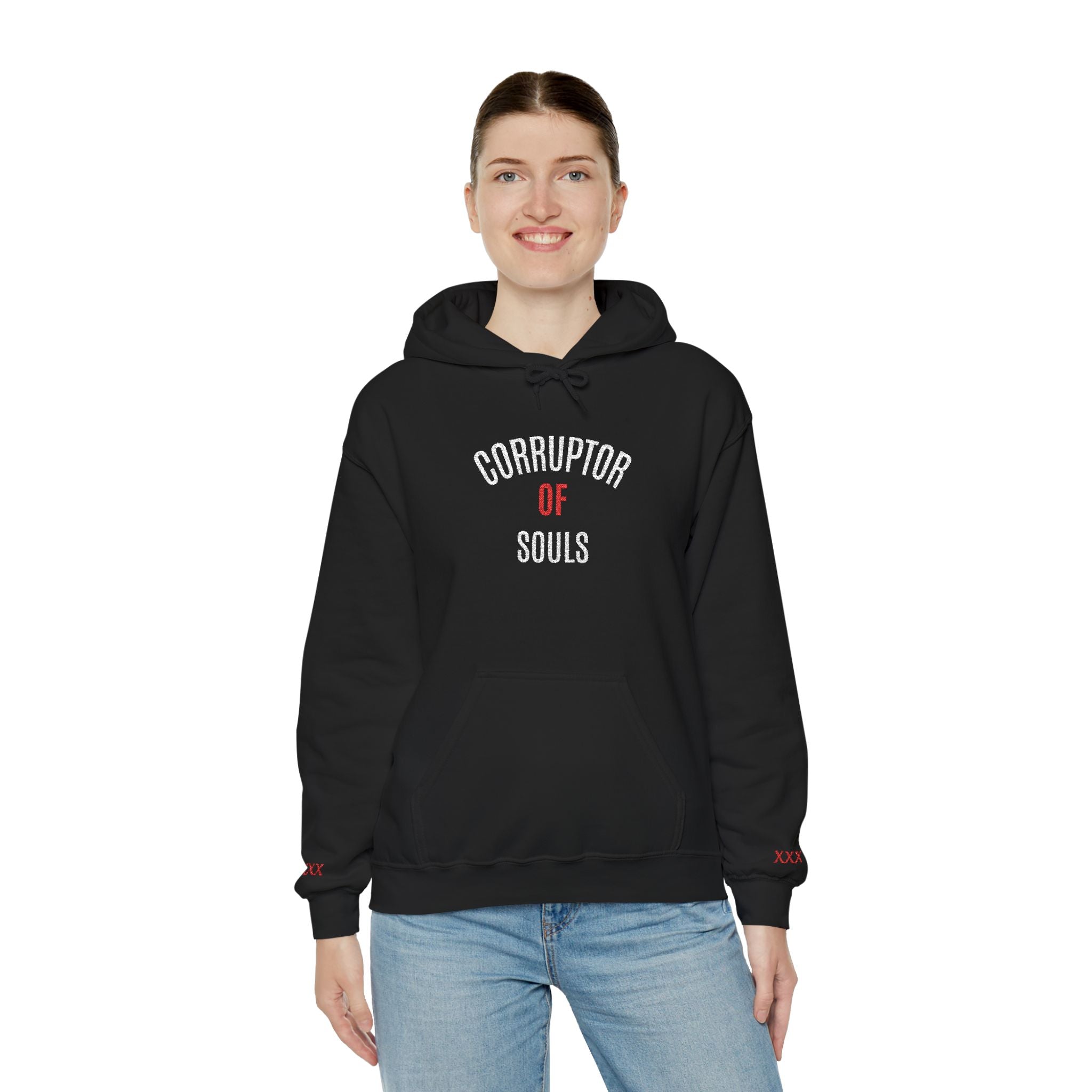 Corruptor of Souls Hoodie — Gothic Black Embroidered Pullover with Red Accent