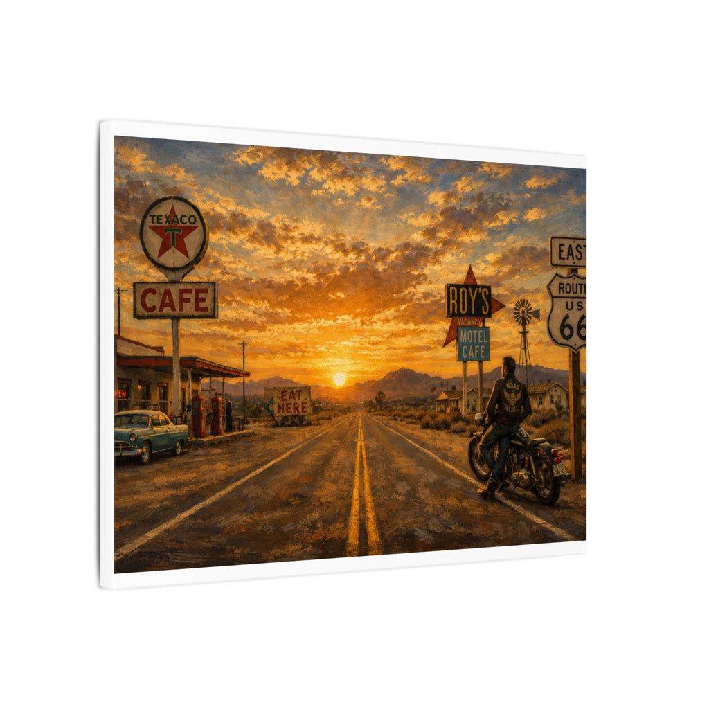 Route 66 Sunset Motorcycle Canvas Wall Art — Vintage Roadside Cafe Print