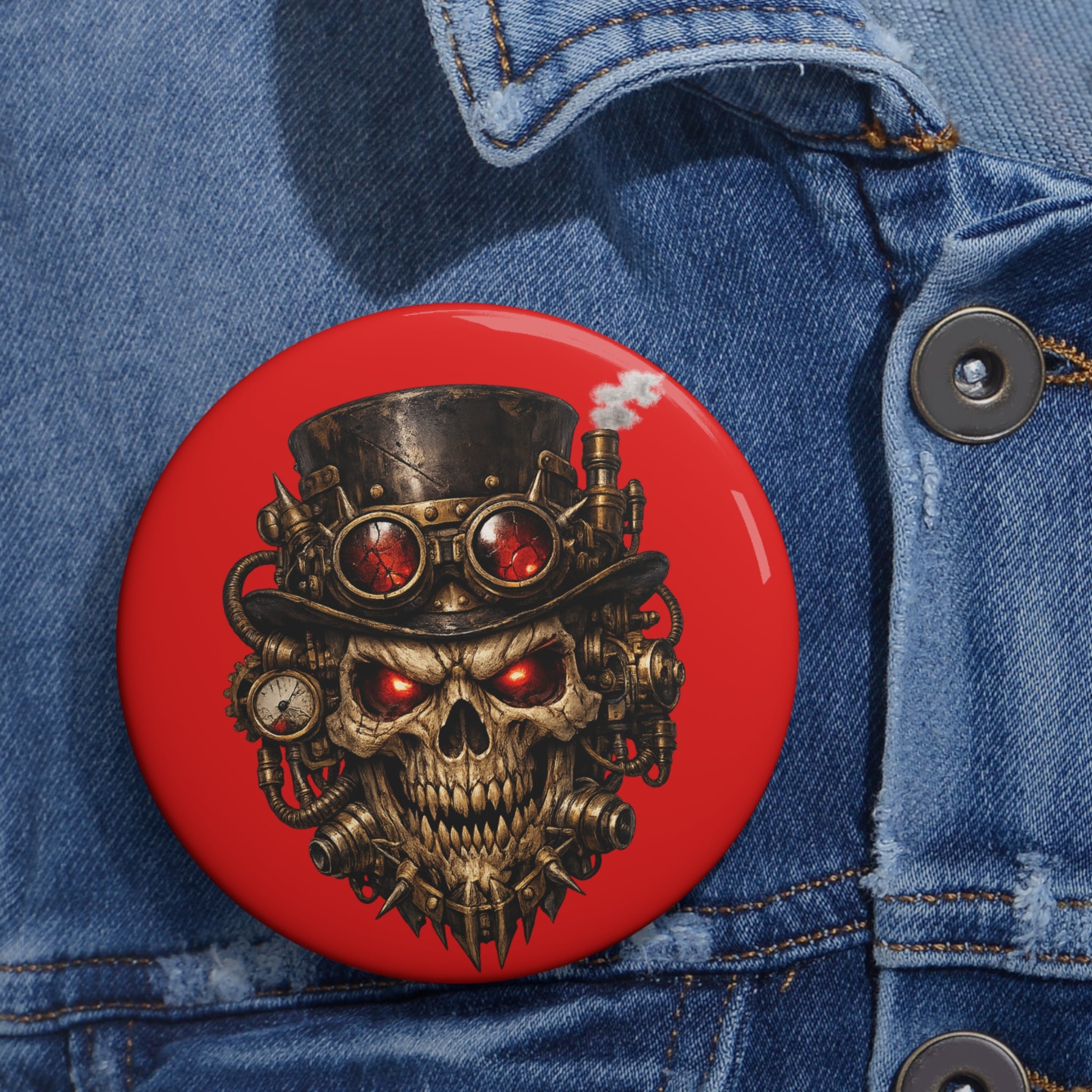 Skull Steampunk Pin Button — Red Gothic Skull Badge