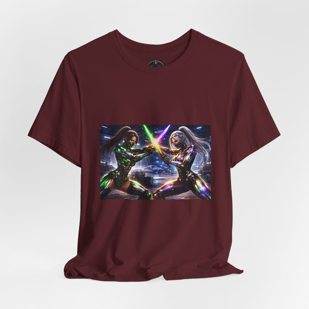 Sci‑Fi Duel Graphic Tee — Neon Cyber Warriors Chest Print