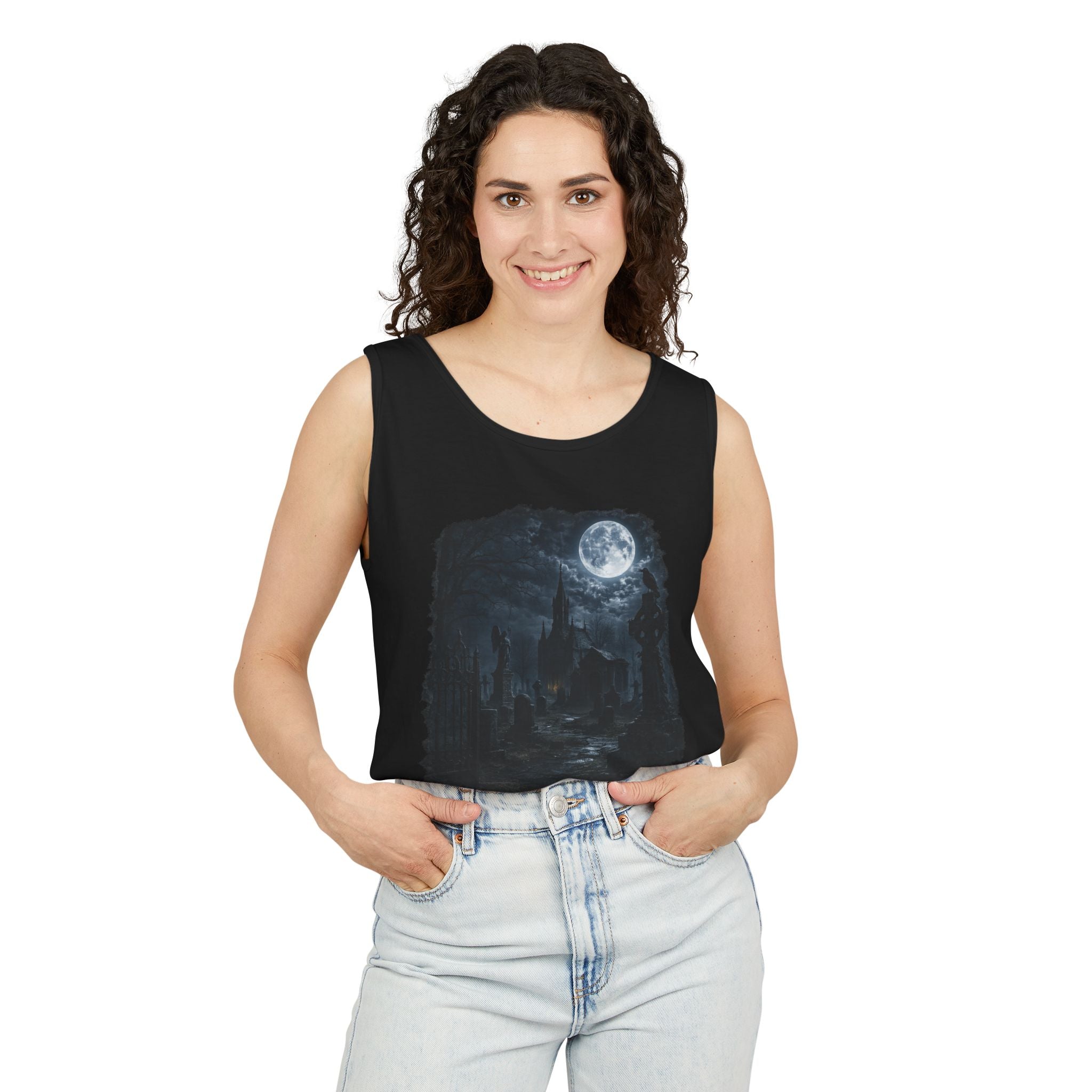 Moonlit Gothic Graveyard Tank Top — Dark Nightscape Graphic Tank
