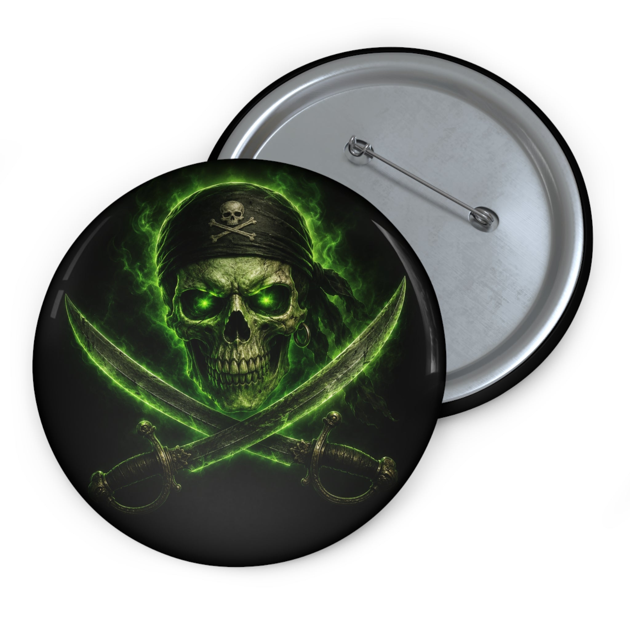 Pirate Skull Pin Button — Green Glow Crossed Swords Badge