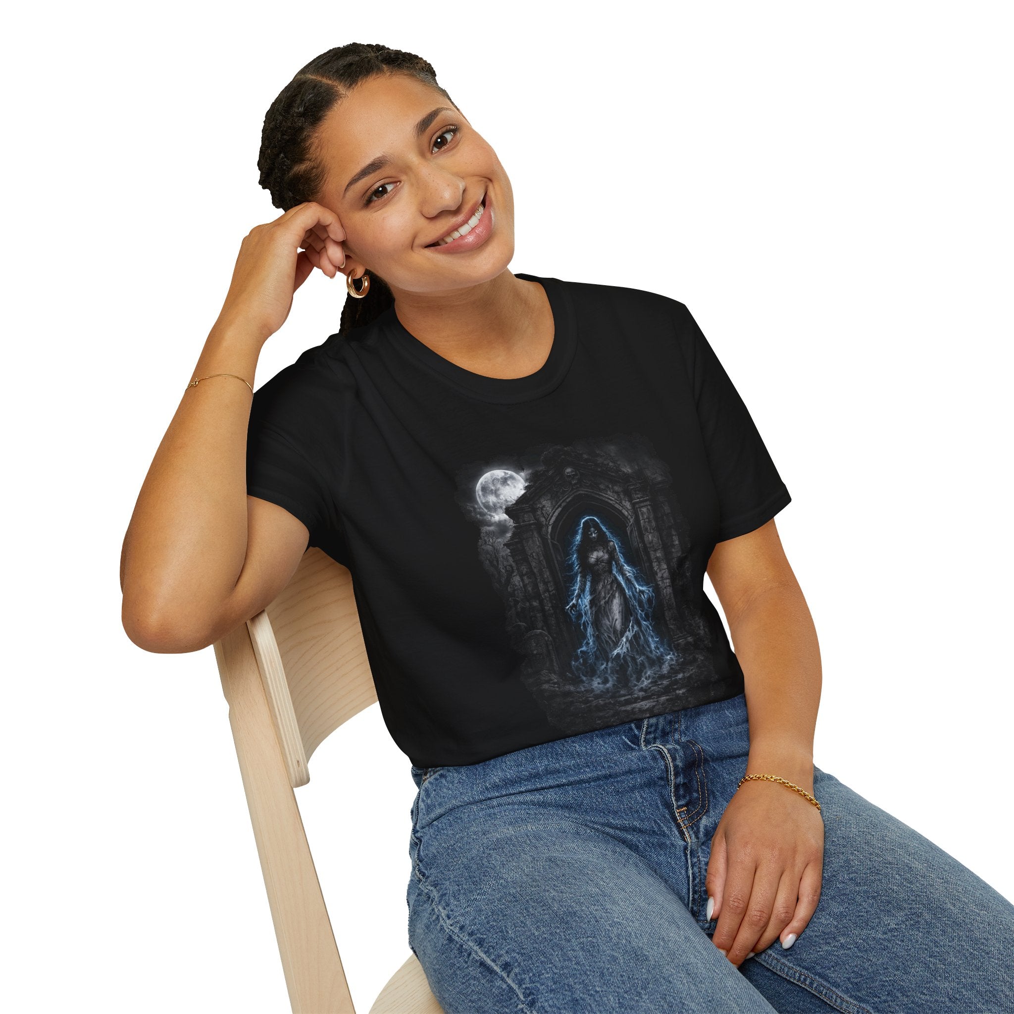 Gothic Moonlight Apparition T‑Shirt — Haunted Shrine Ghost Design