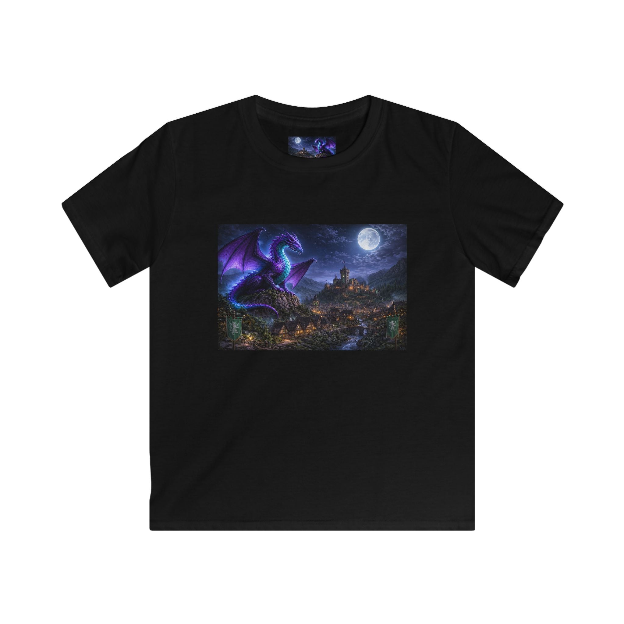Kids Tee — Night Dragon Over Mystic Village Graphic Shirt