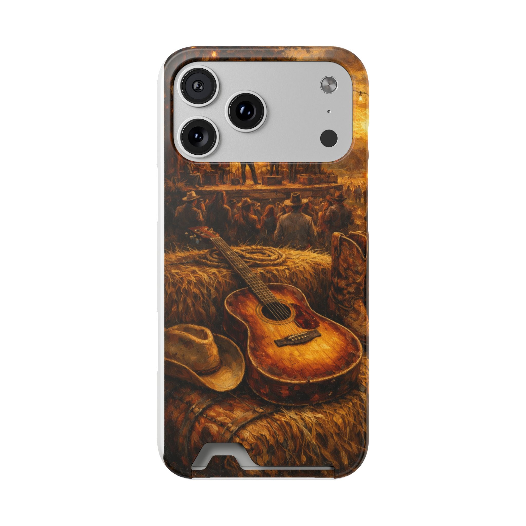 Country Music Guitar Phone Case with Card Holder — Rustic Concert Scene