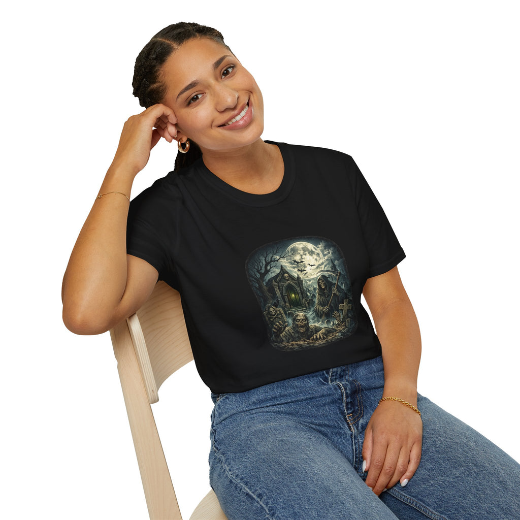 Haunted Graveyard T-Shirt — Moonlit Reaper & Haunted Crypt Graphic Tee