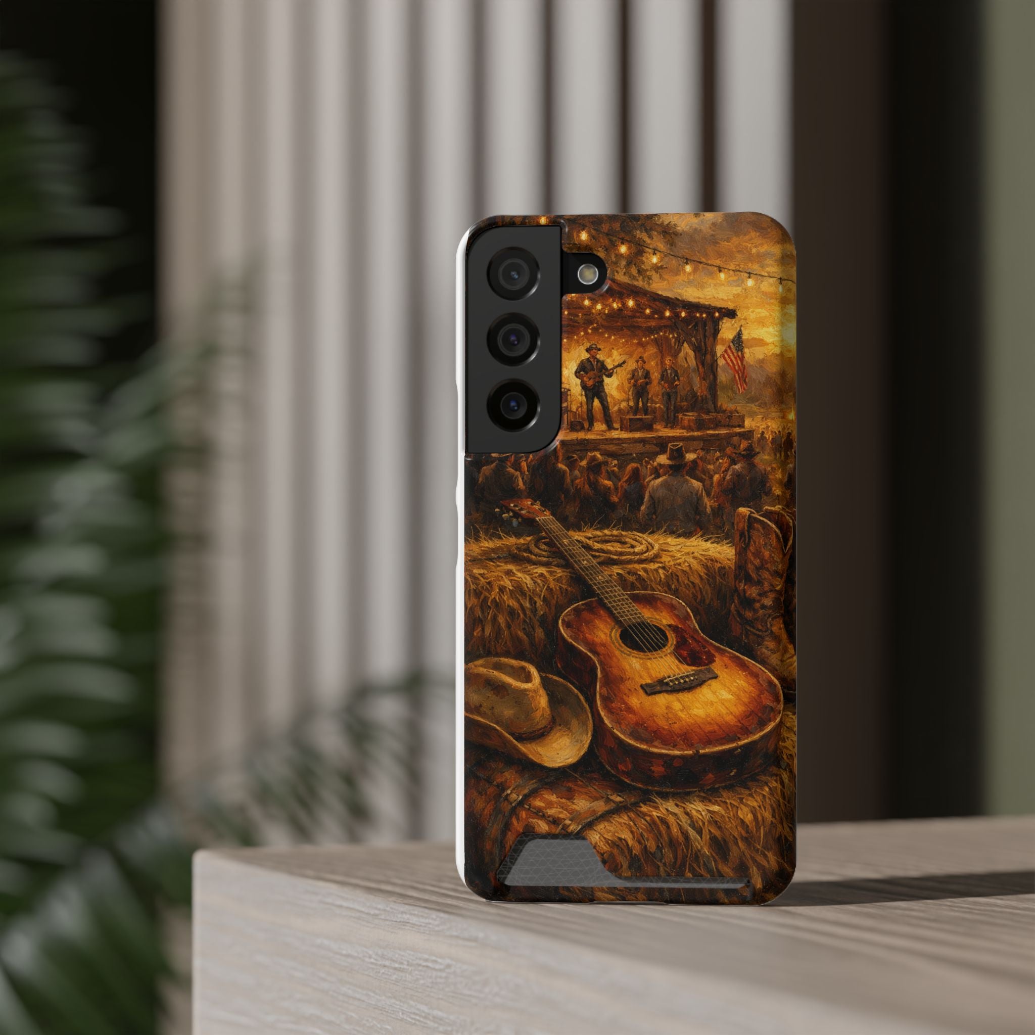 Country Music Guitar Phone Case with Card Holder — Rustic Concert Scene