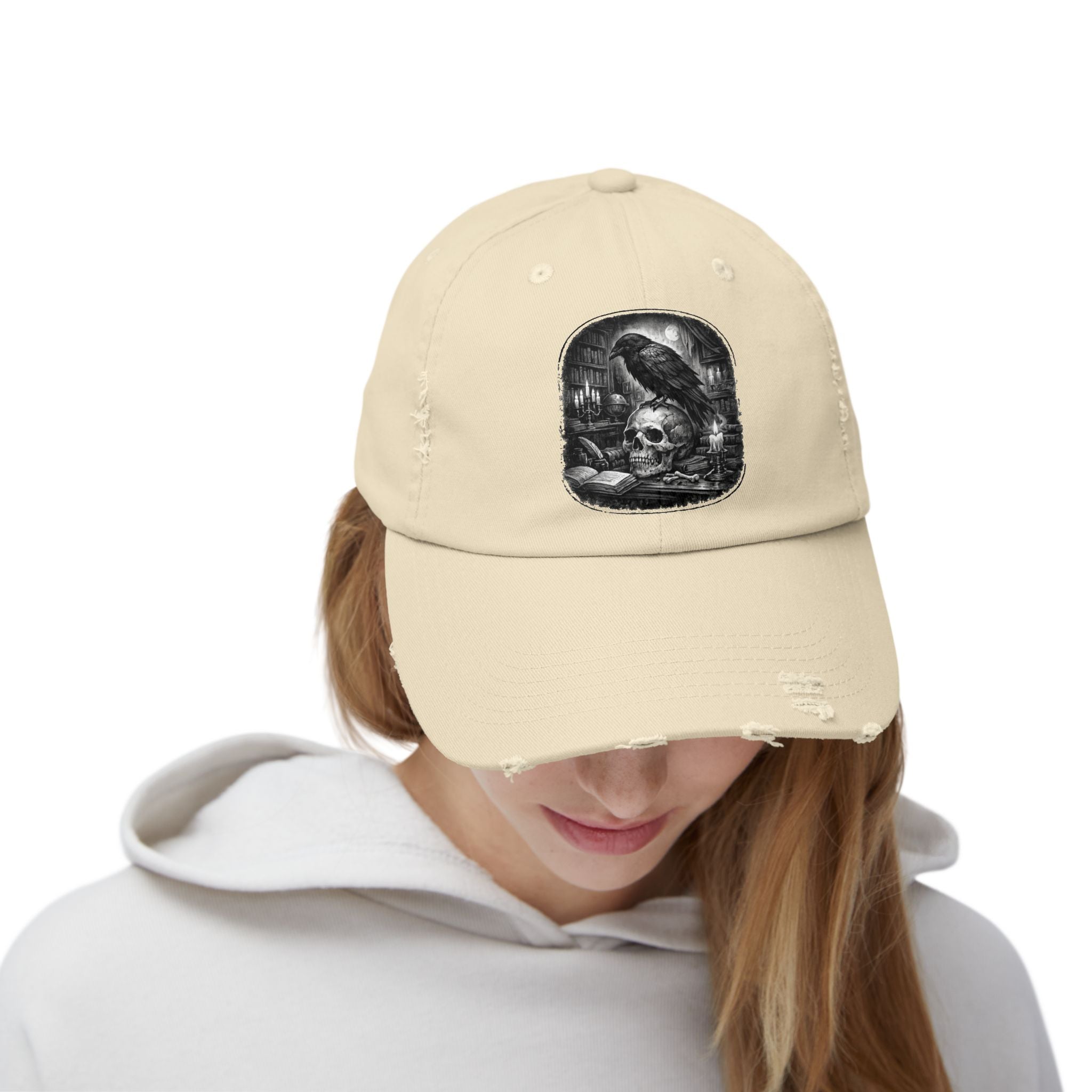 Distressed Raven & Skull Cap — Gothic Vintage Baseball Hat