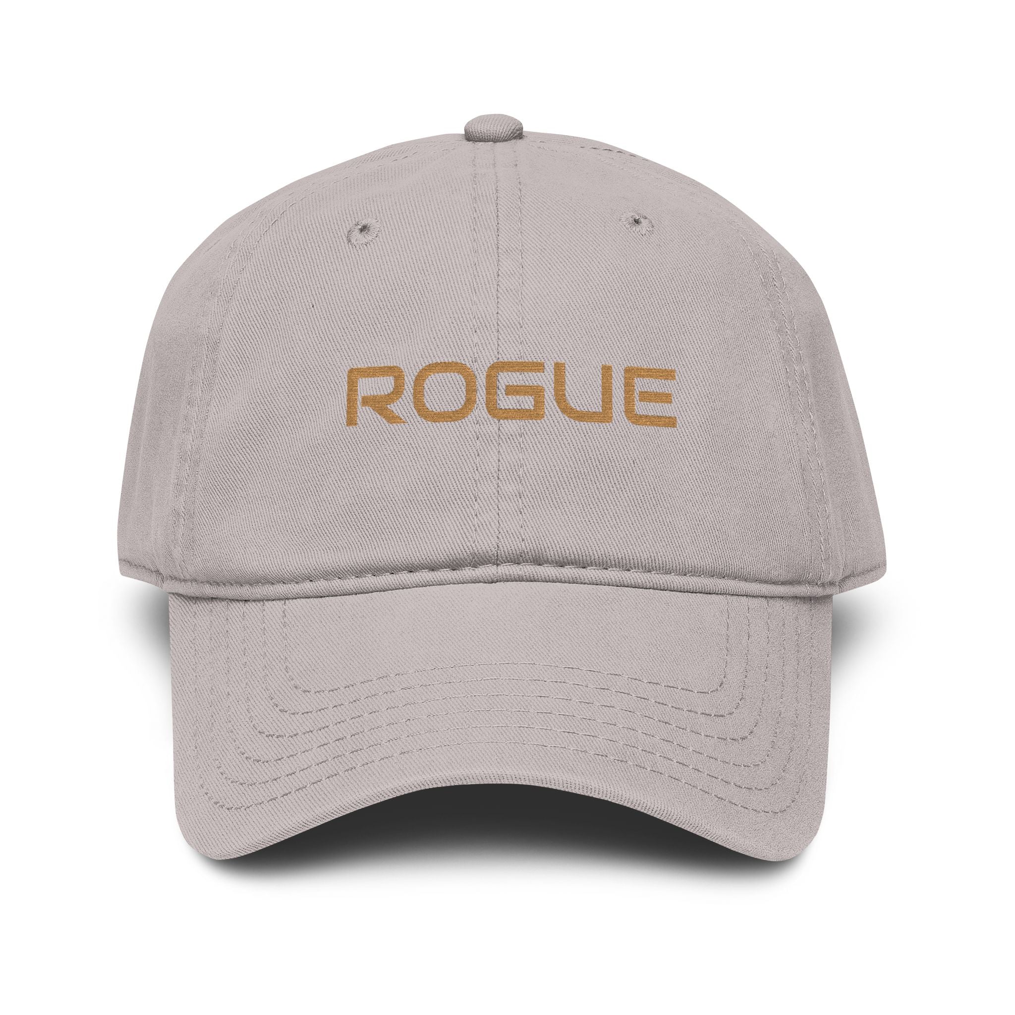 Rogue Embroidered Washed Baseball Cap — Vintage Gray Dad Hat with Gold Stitching