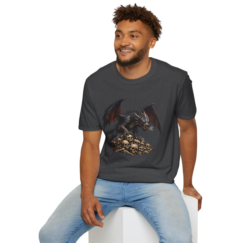 Dragon on Skull Pile Graphic T-Shirt — Dark Fantasy Winged Dragon Design