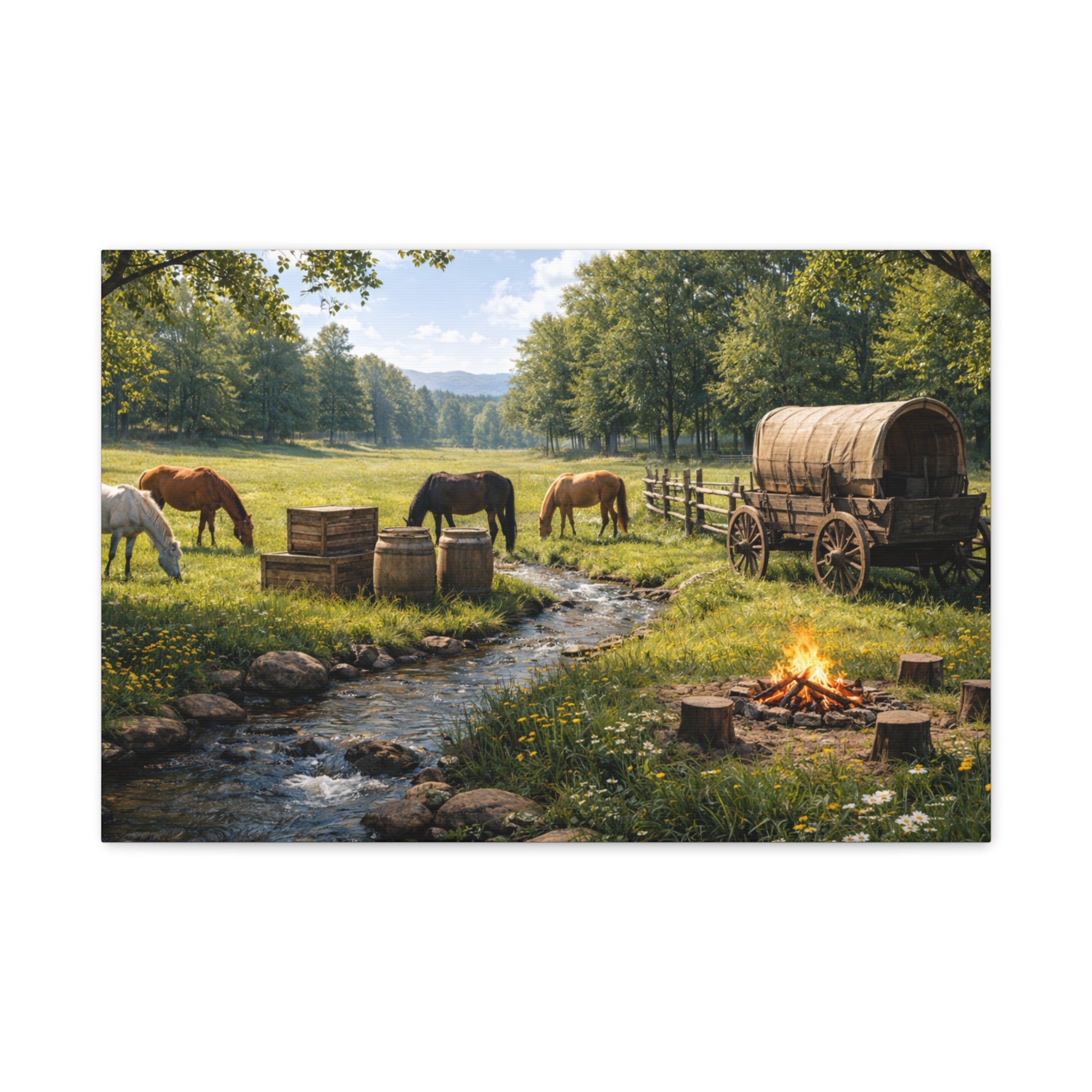 Country Trail Canvas Print – Rustic Wagon & Horses Matte Stretched Wall Art