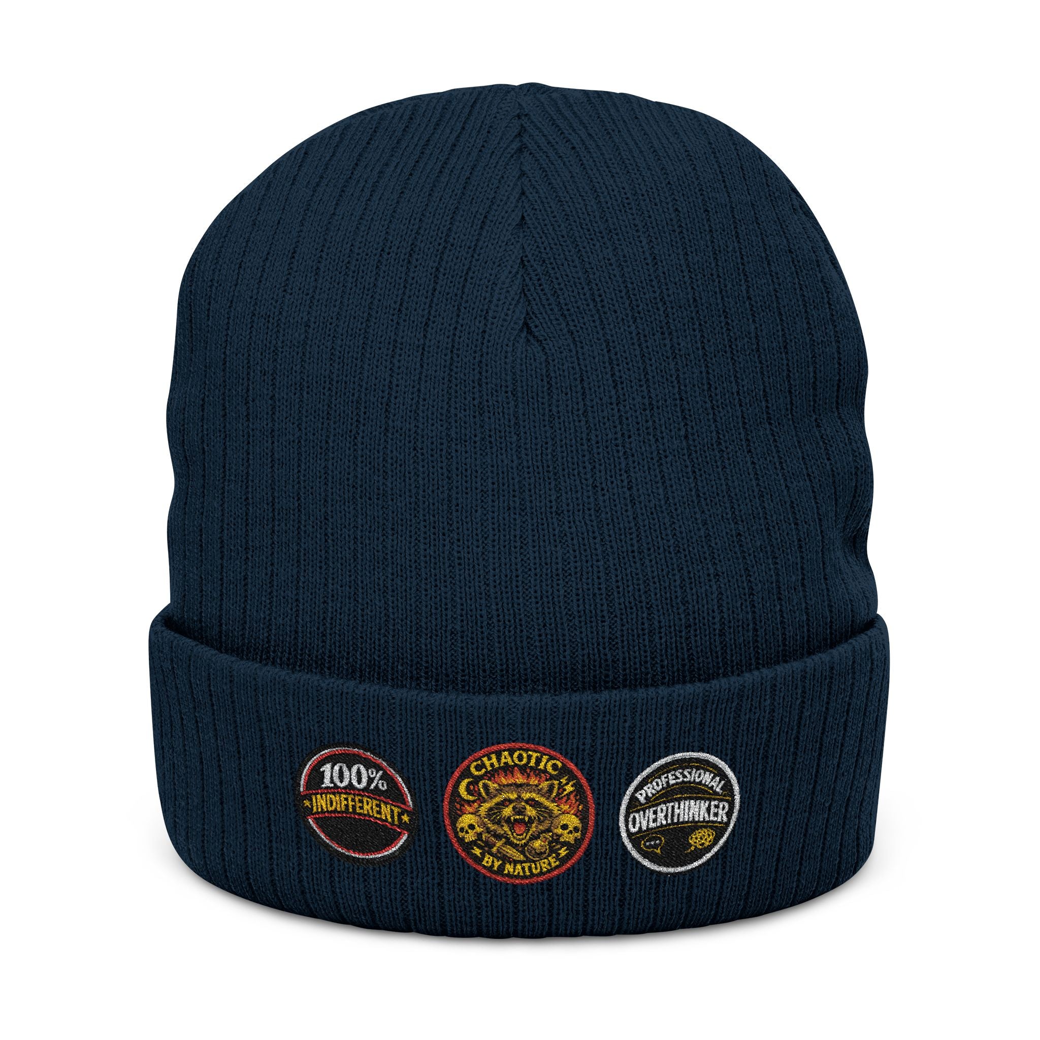 Faux-Embroidered Patch Ribbed Beanie — Vintage Crest Trio Knit Hat