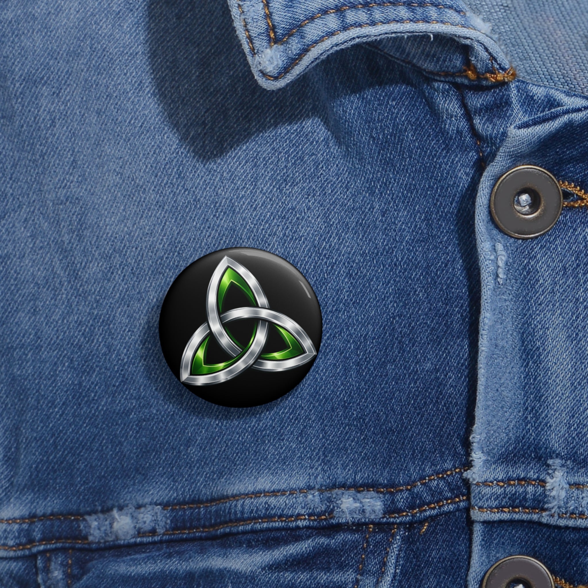 Celtic Trinity Pin Button — Silver & Green Triquetra Enamel Badge